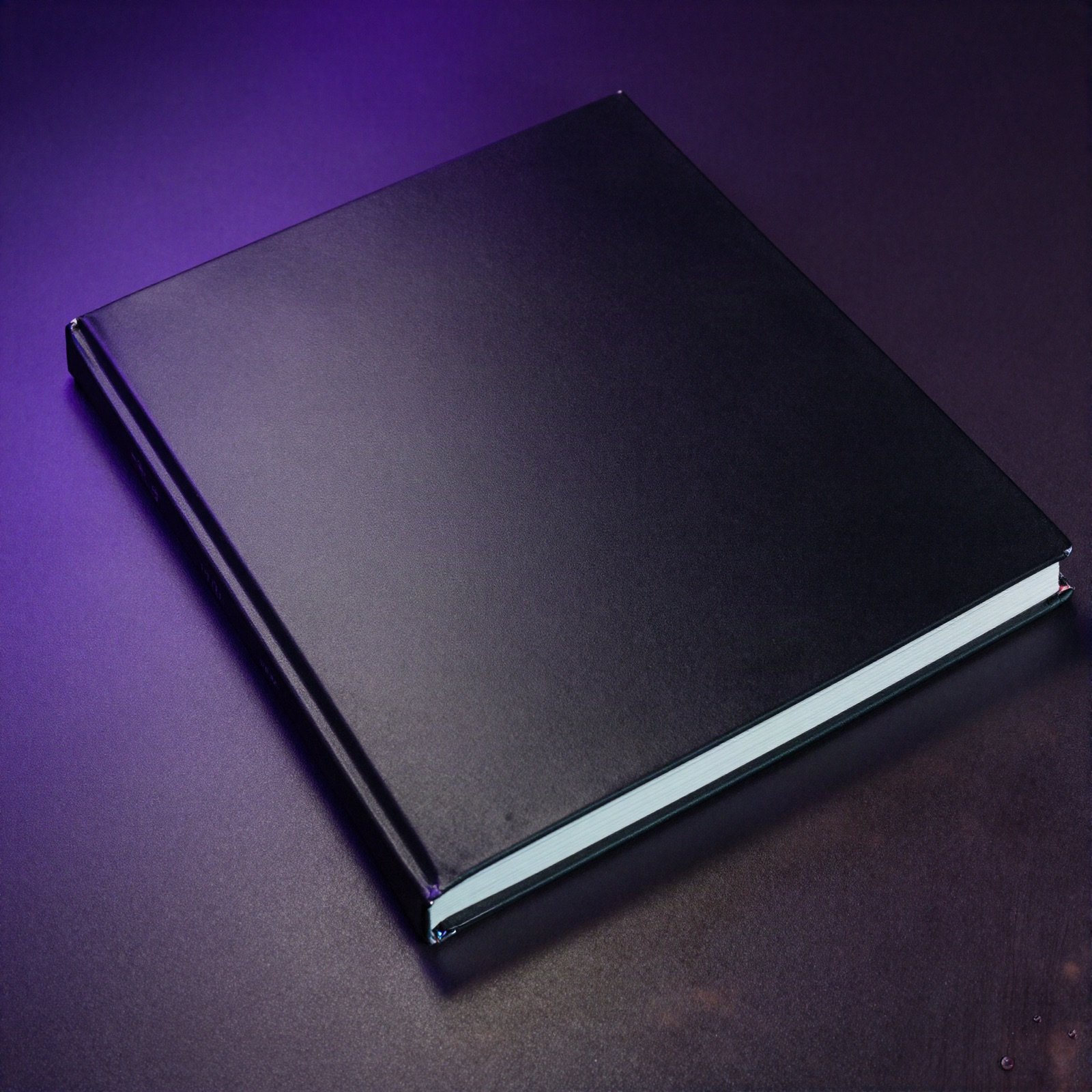 A plain black hardcover book on a dark desk in violet neon light