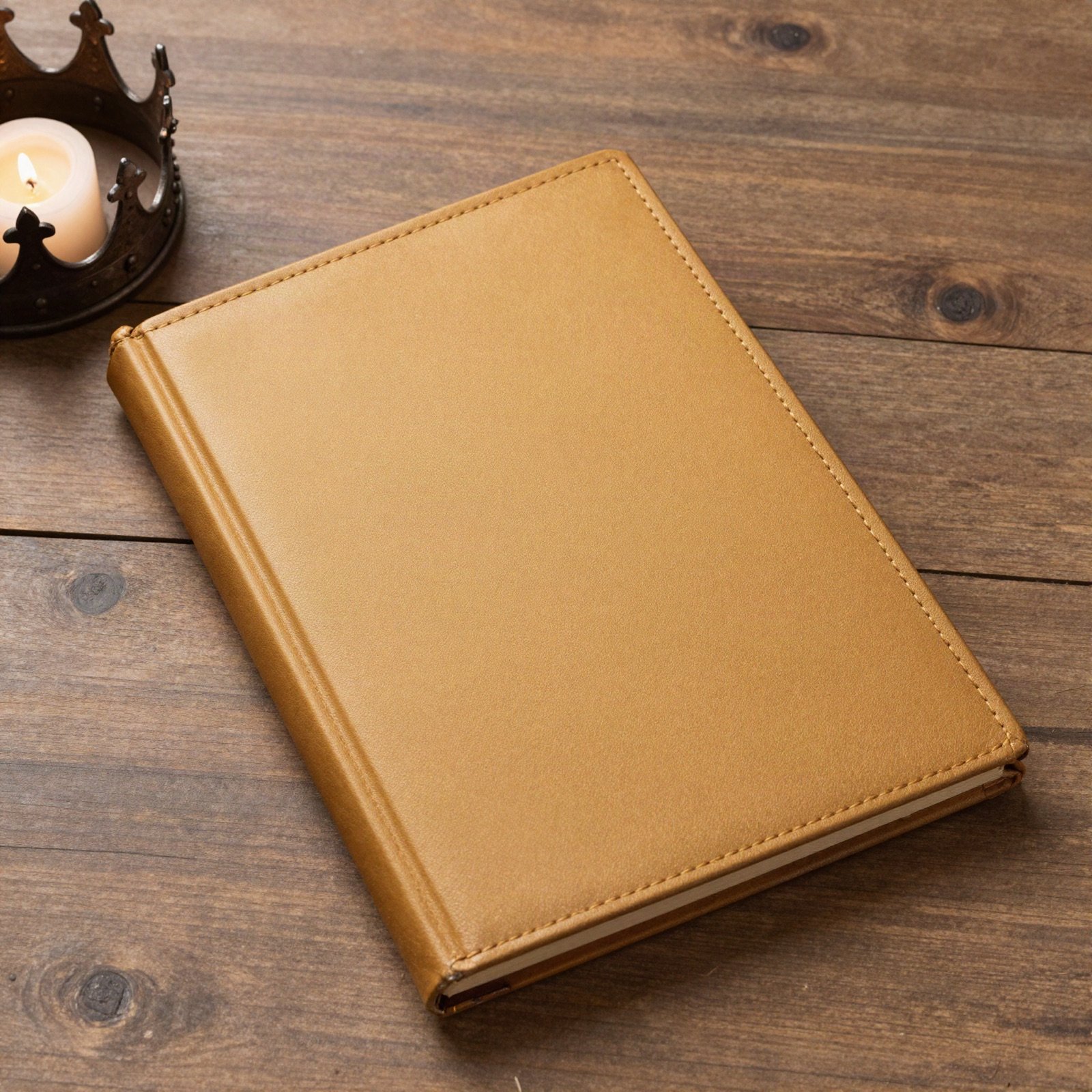 A plain golden-brown leather book on a wooden table beside an iron crown and a candle