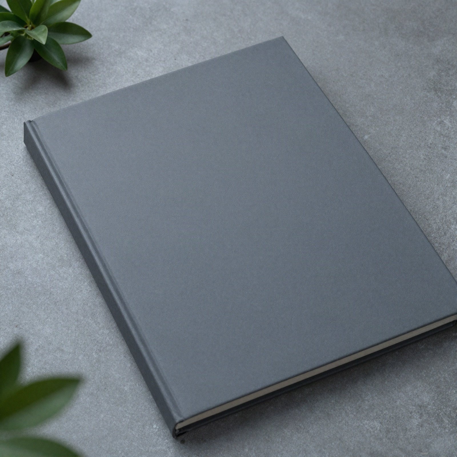 A plain slate grey hardcover book on concrete beside green leaves