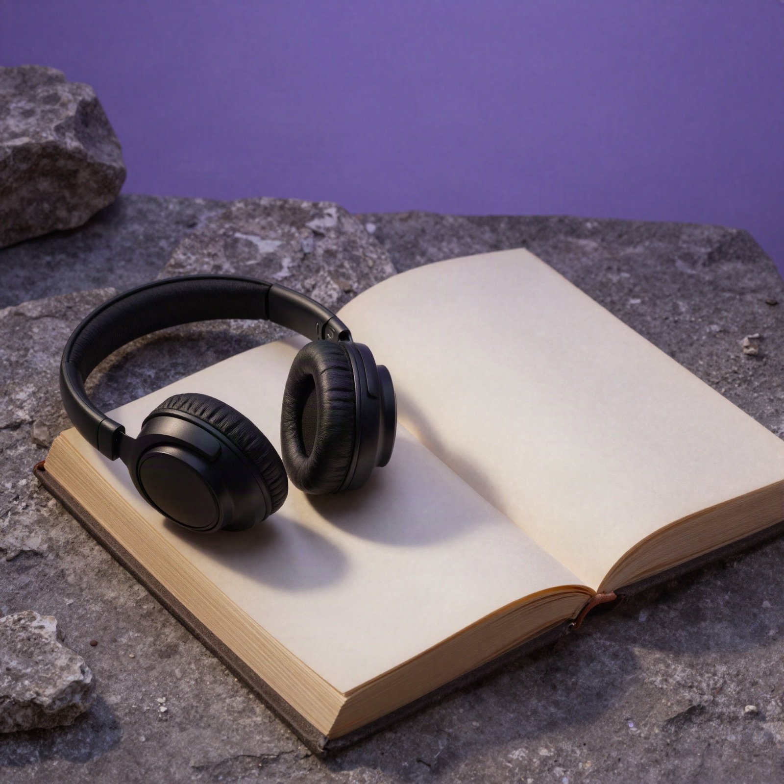 Headphones resting on an open book on a stone ledge in violet light