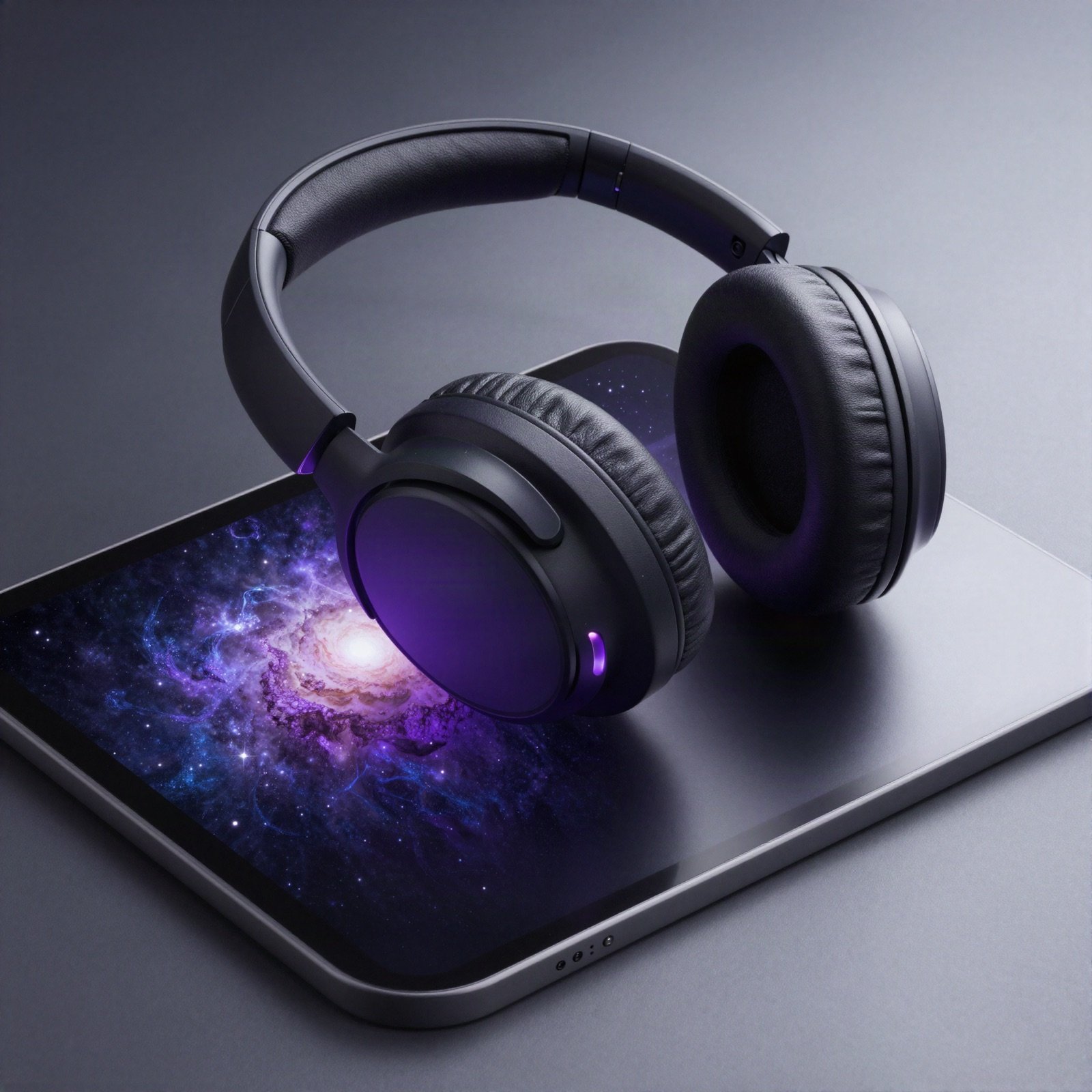 Headphones on a tablet showing a glowing galaxy