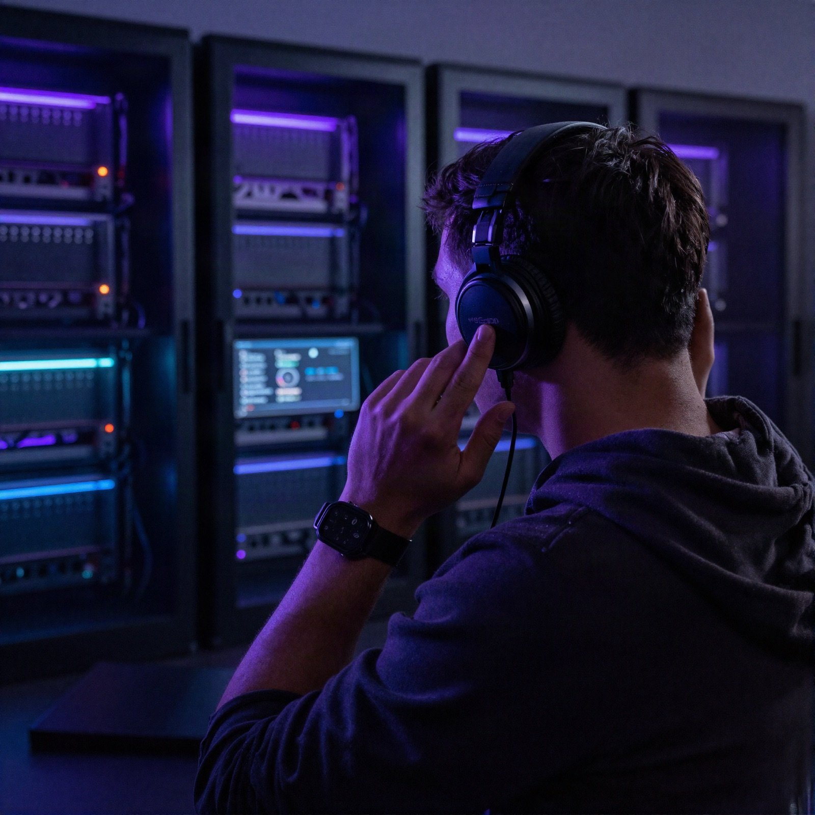 A listener in headphones in front of glowing server racks