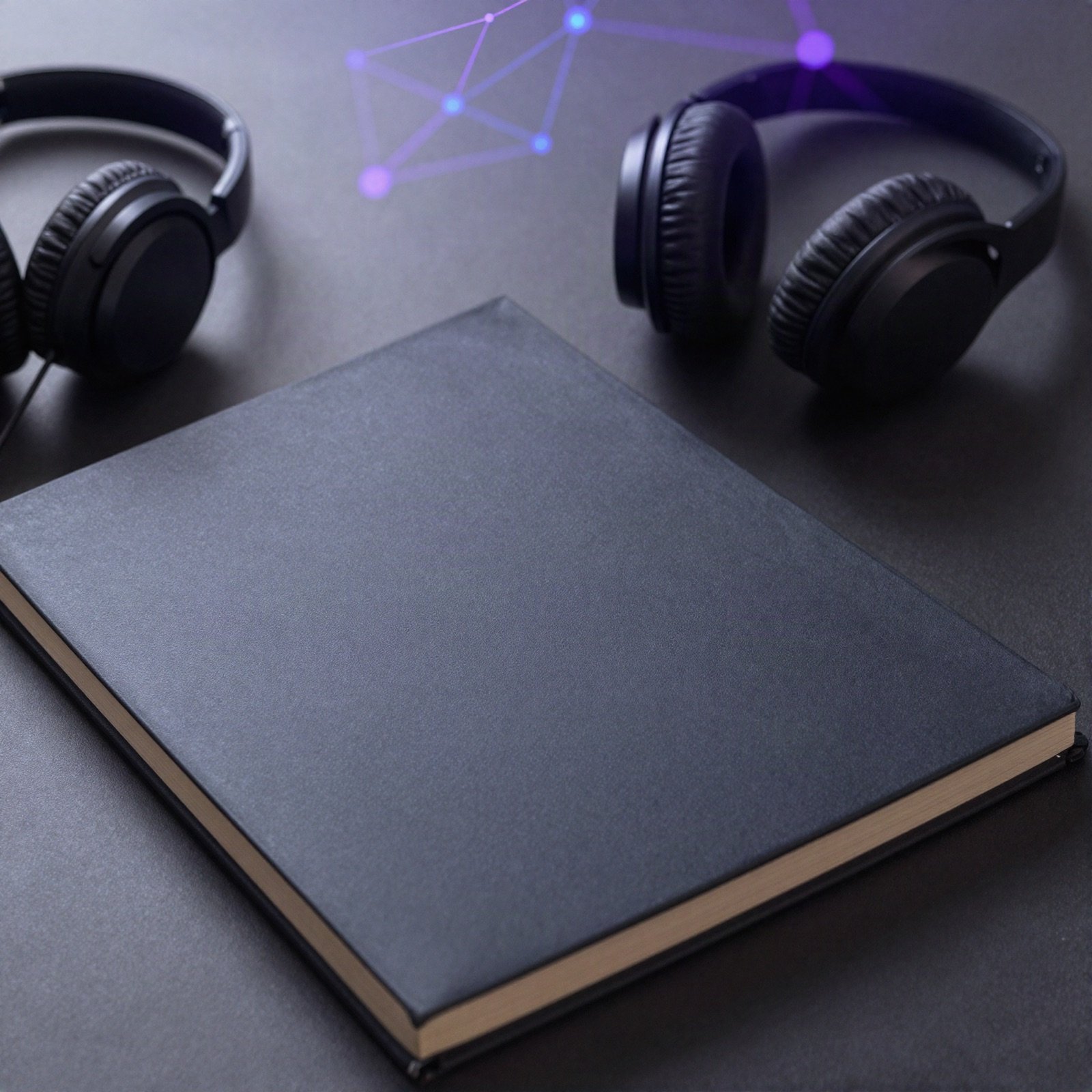 A dark notebook and headphones under floating violet data lines