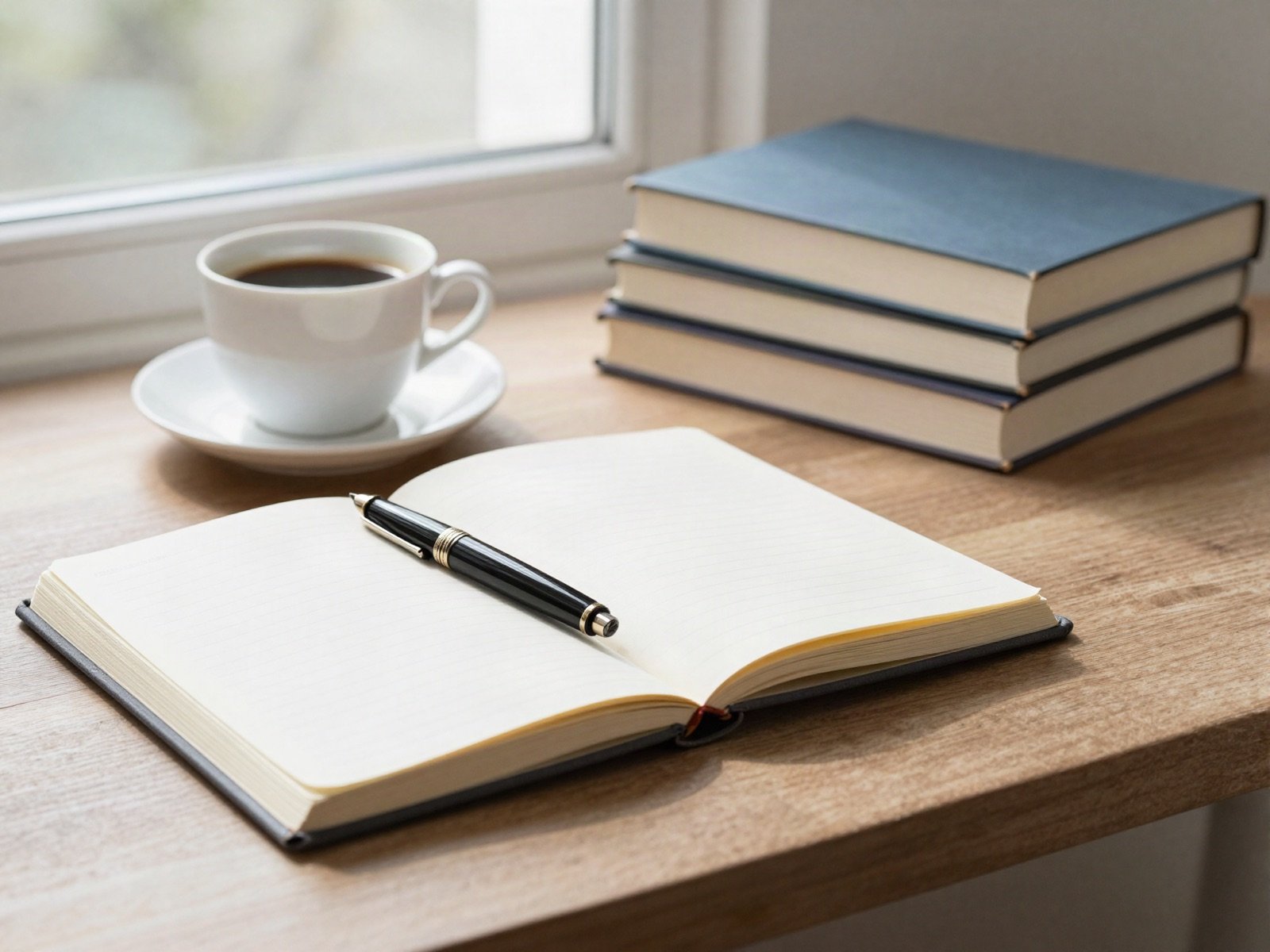 An open notebook with a fountain pen, coffee and a stack of books by a window