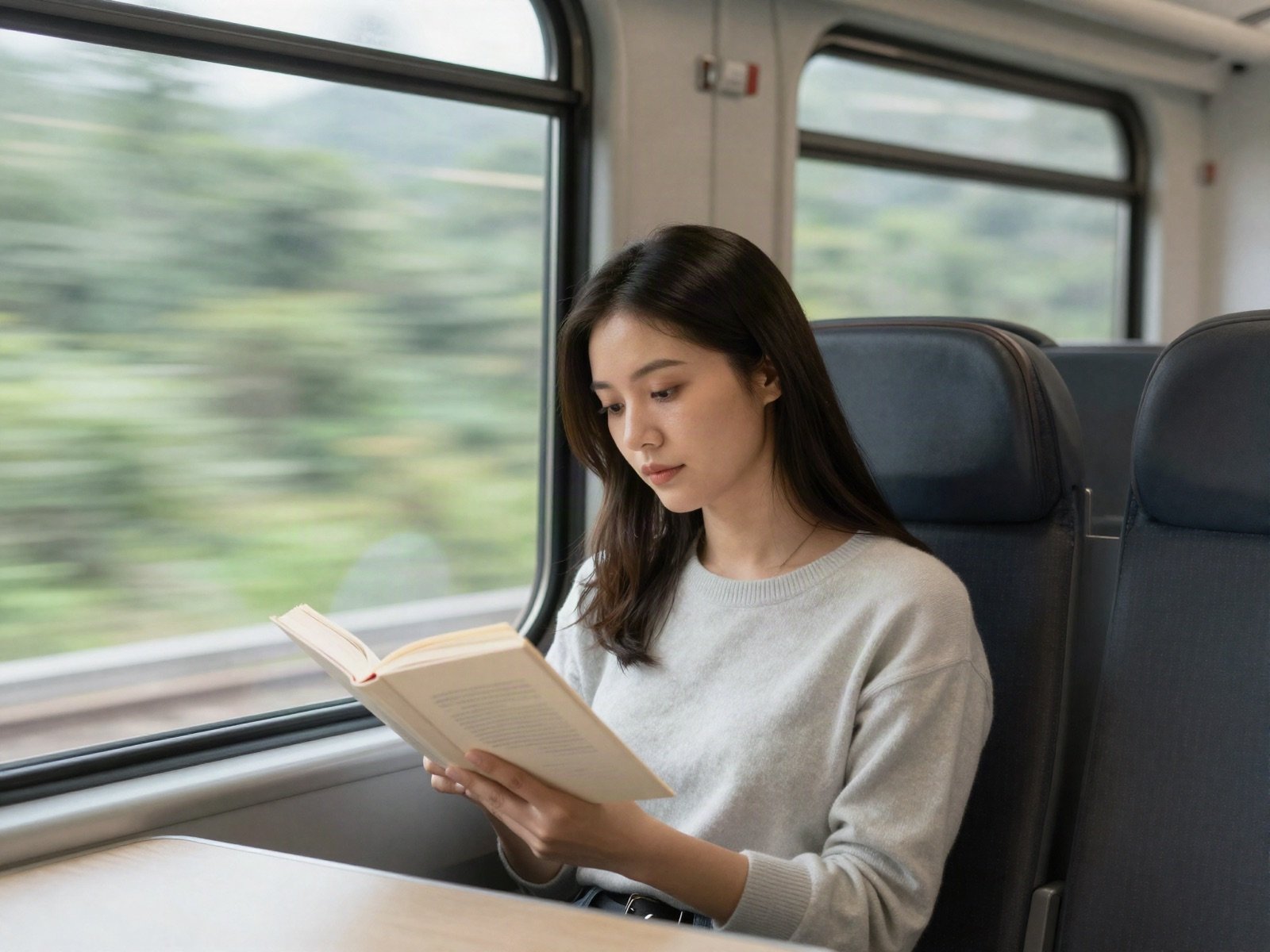 A woman reading a book by the window of a moving train