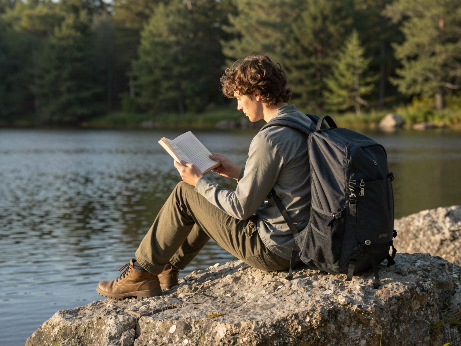 A hiker reading a book on a rock by a forest lake