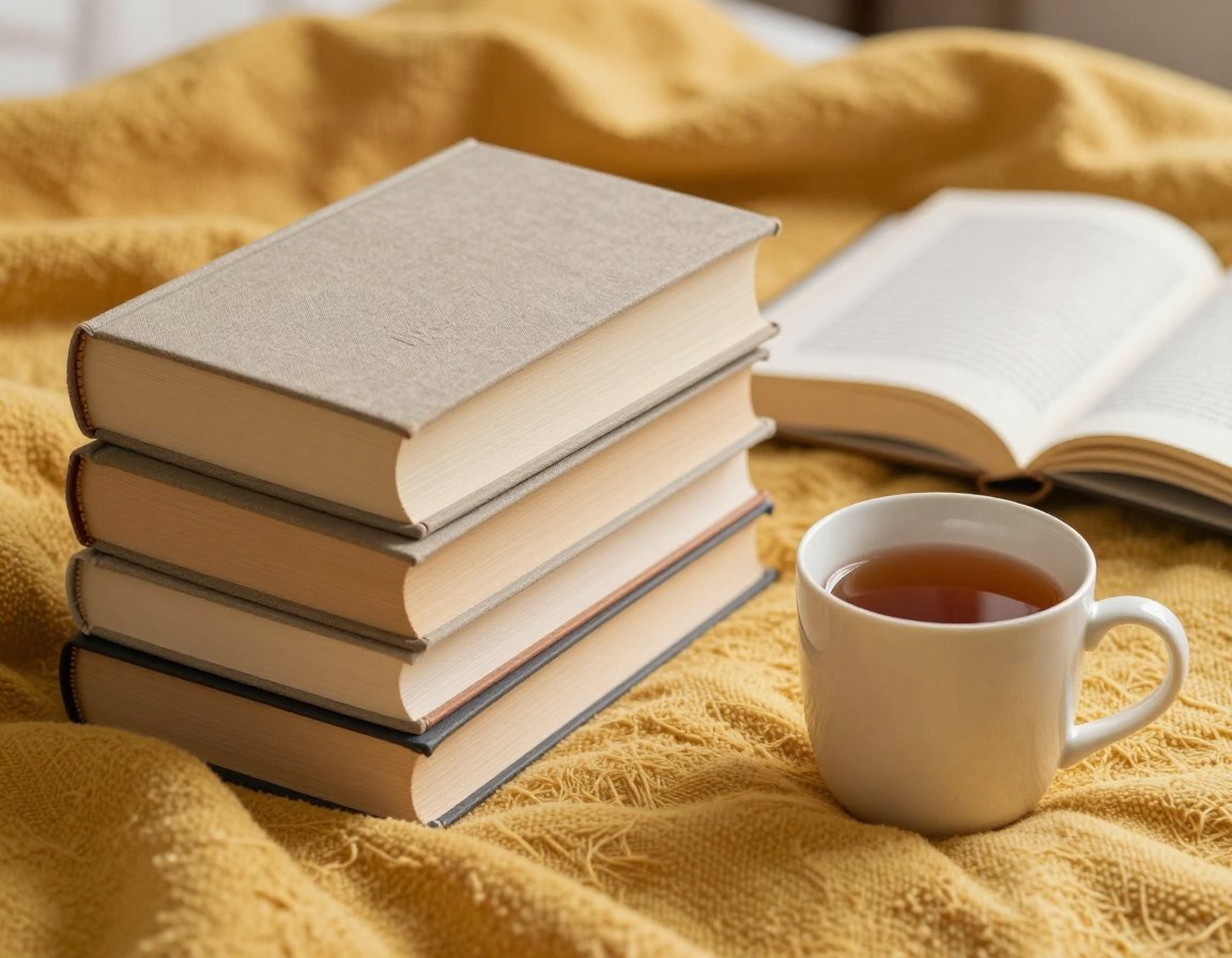 A stack of cloth-bound books and a cup of tea on a mustard yellow blanket