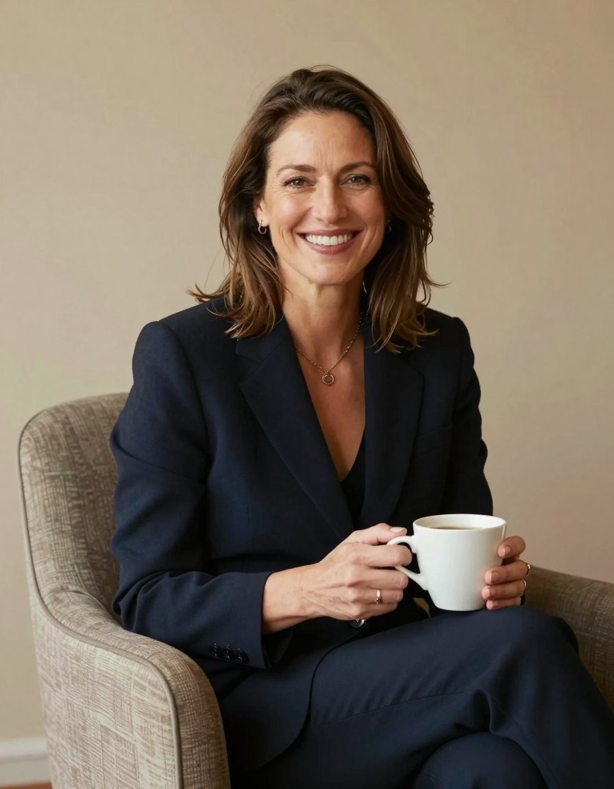 Author Mayar Eid smiling in a cosy armchair with a cup of coffee