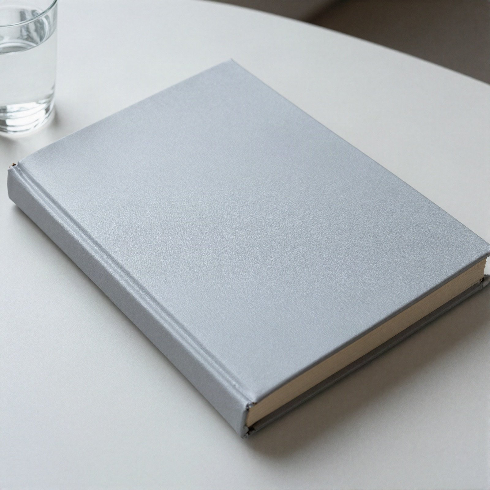 A plain silver hardcover book on a white desk beside a glass of water
