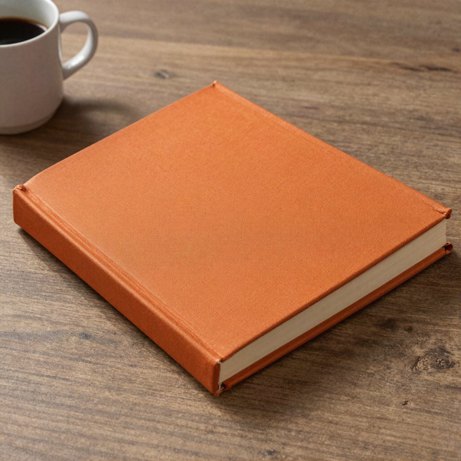 A plain burnt orange hardcover book on a wooden table beside a mug of coffee