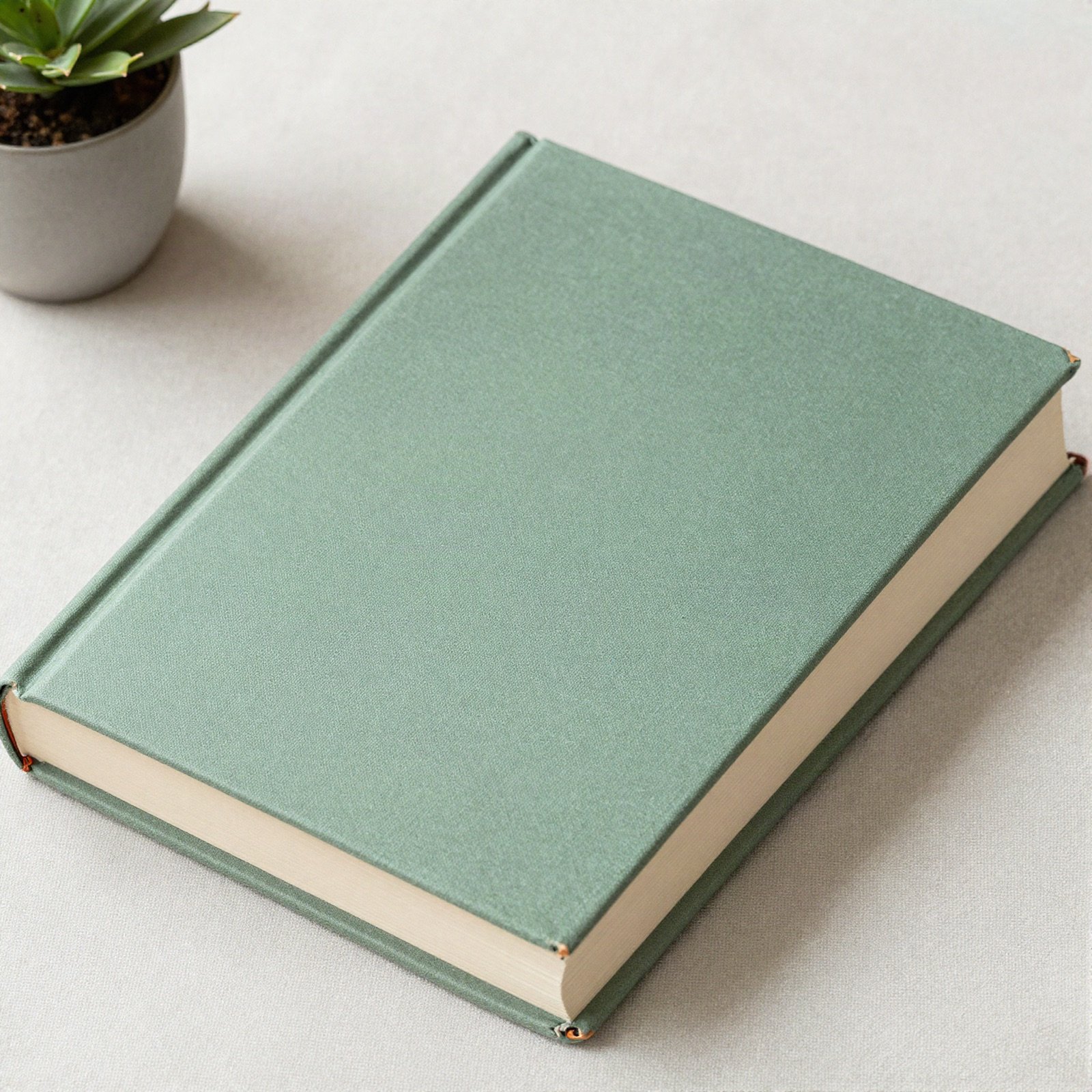 A plain sage green hardcover book on a linen cloth beside a small potted plant