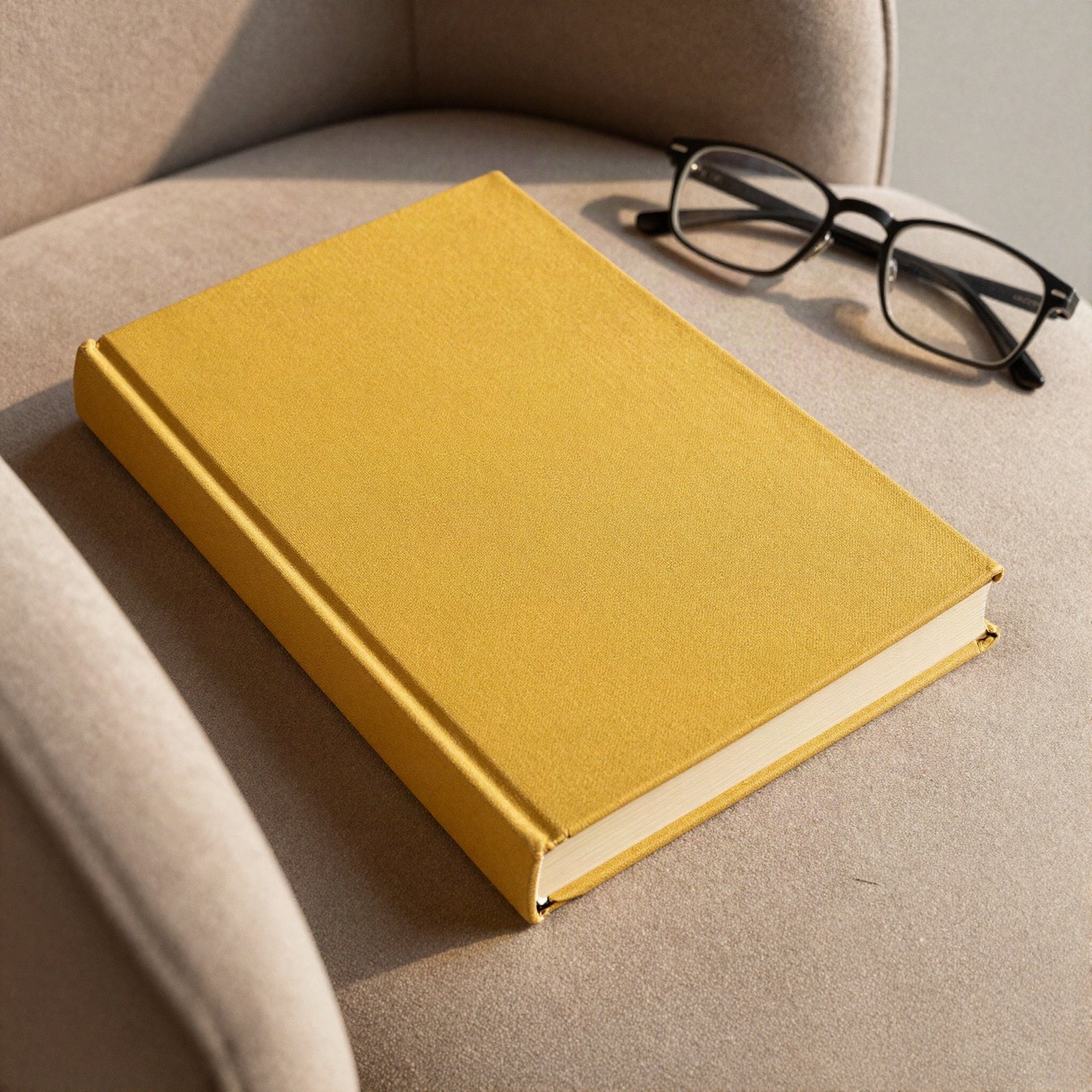 A plain mustard yellow hardcover book on an armchair beside reading glasses