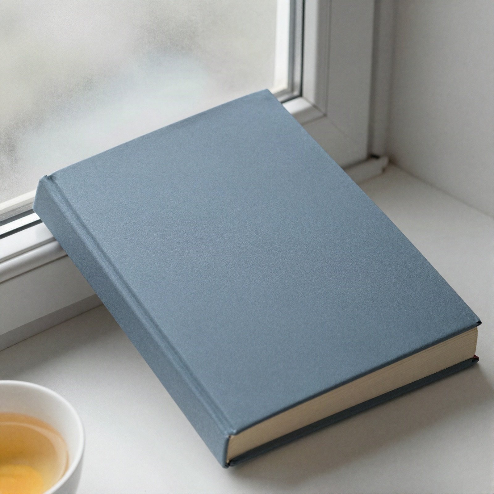 A plain blue-grey hardcover book on a misty windowsill beside a cup of tea