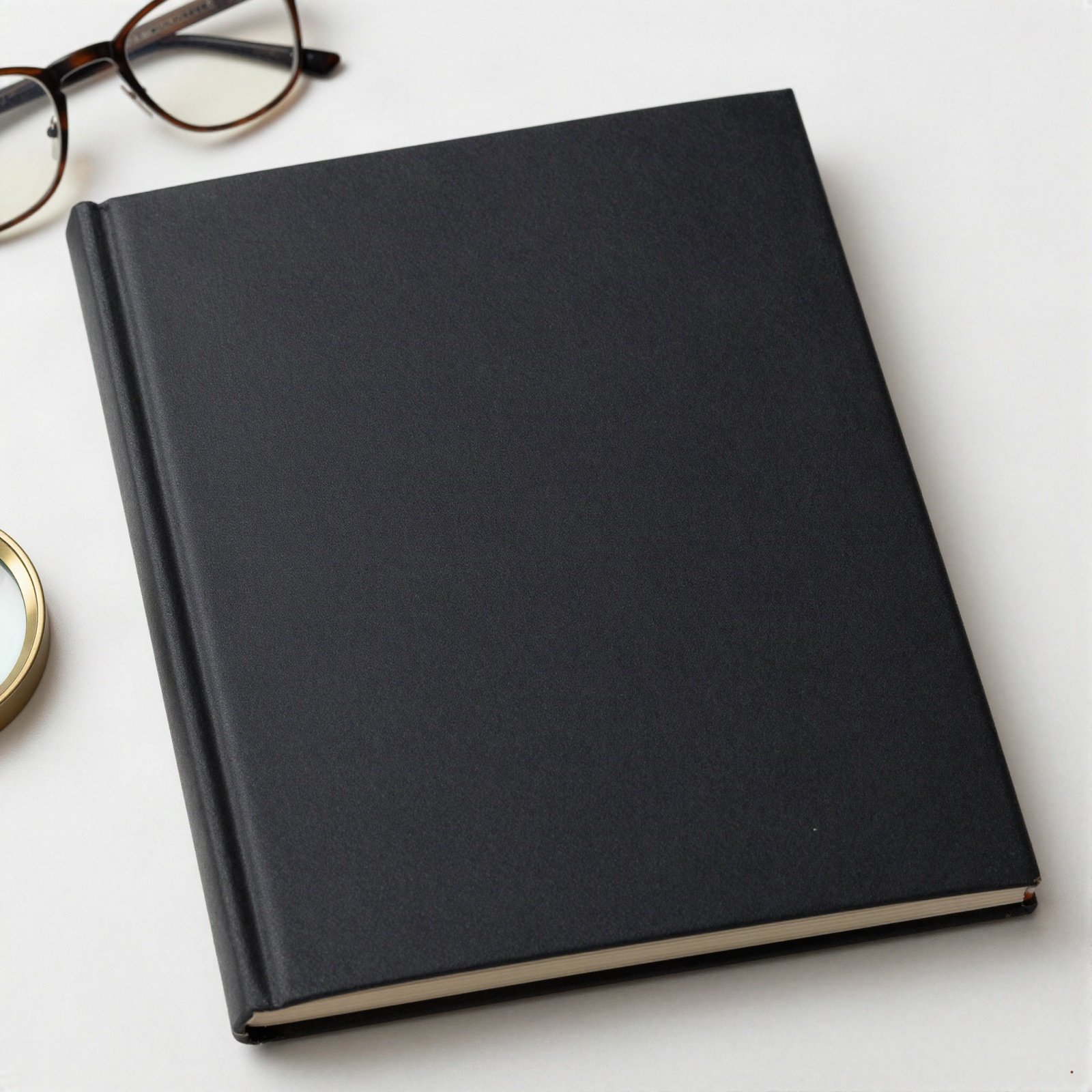 A plain black hardcover book on a white desk beside glasses and a magnifying glass