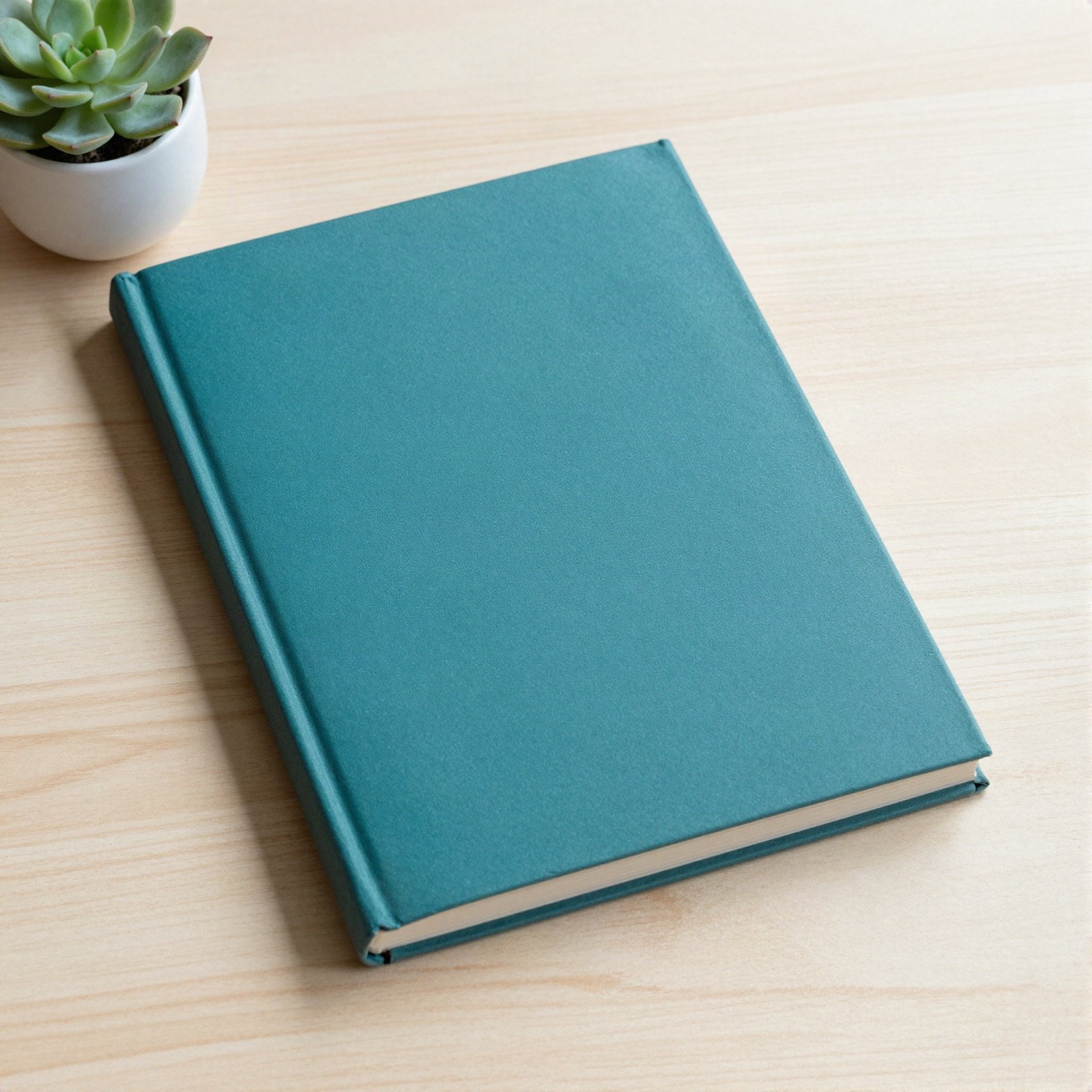 A plain teal hardcover book on a light wooden table beside a succulent