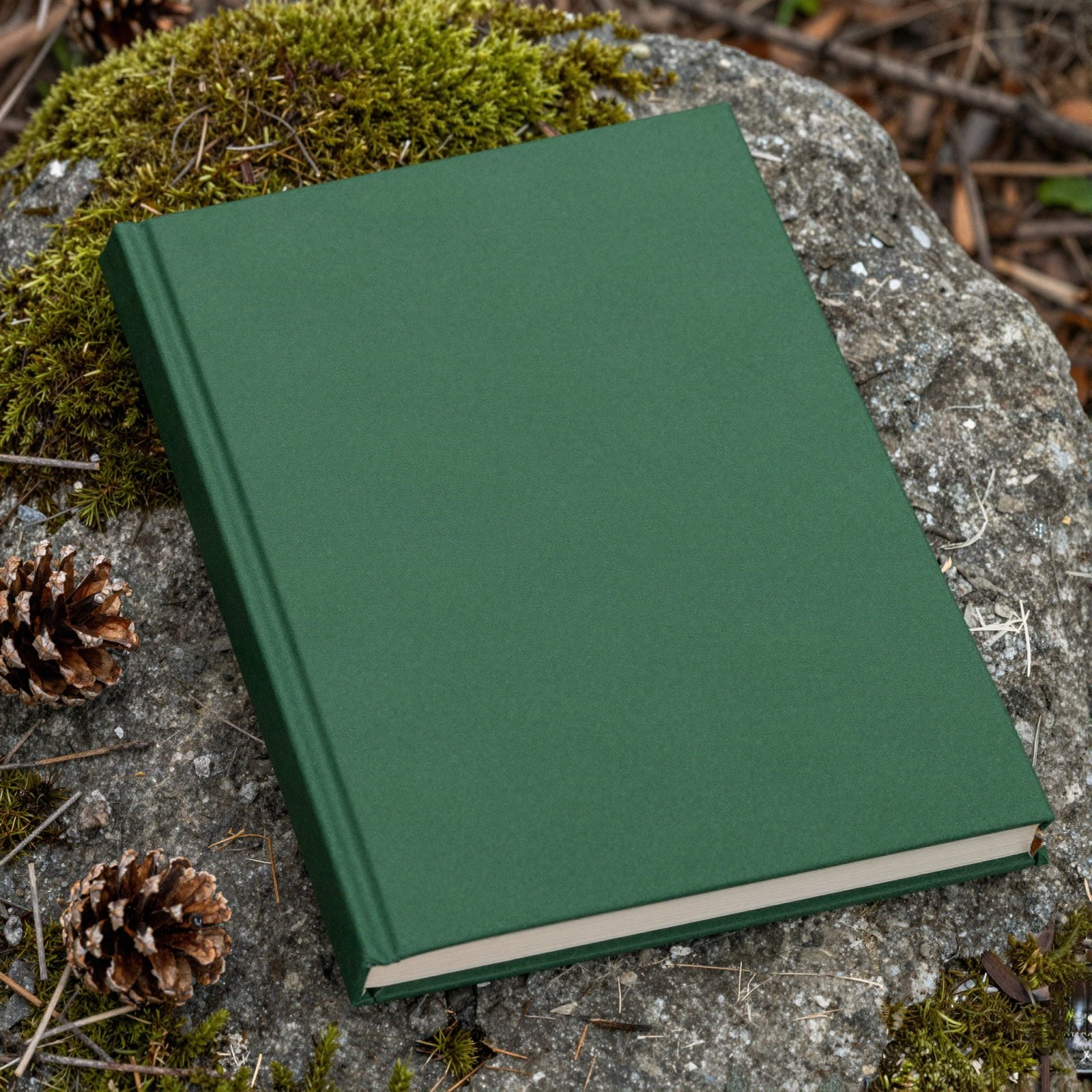 A plain forest green hardcover book on a mossy rock beside pine cones