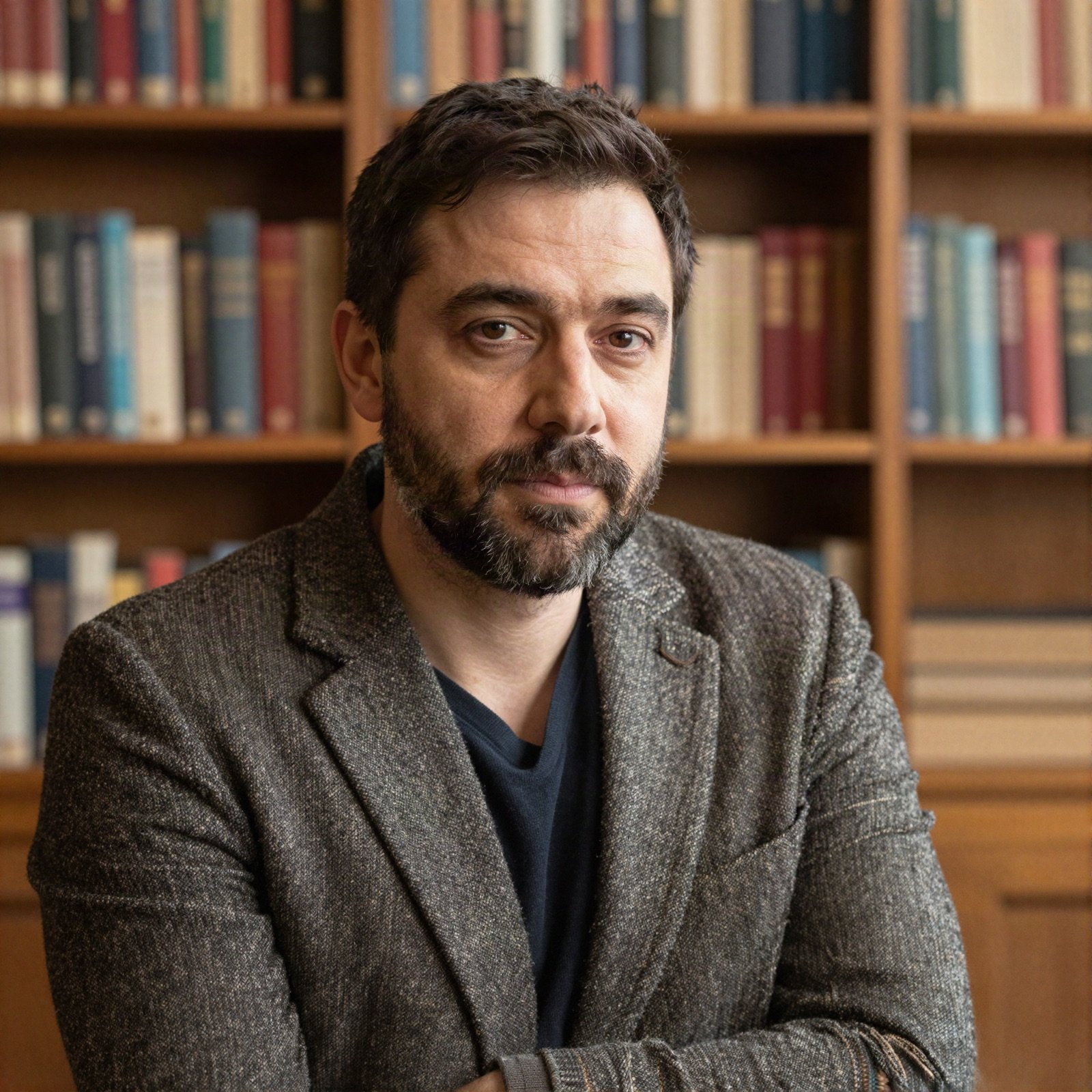 Author Tawfiq Rashed in a tweed jacket in front of library shelves
