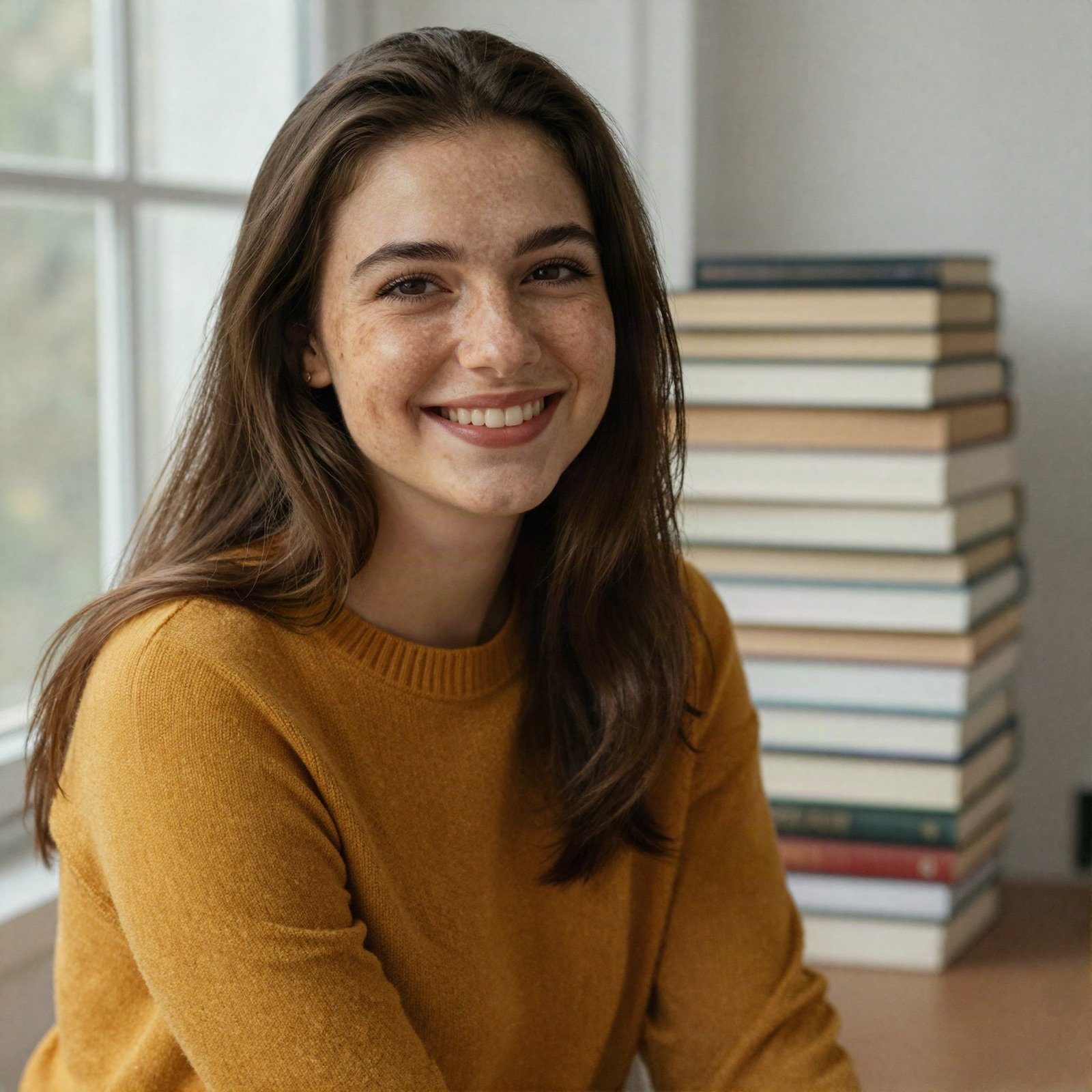 Author Jumana Salti smiling in a mustard sweater beside a stack of books