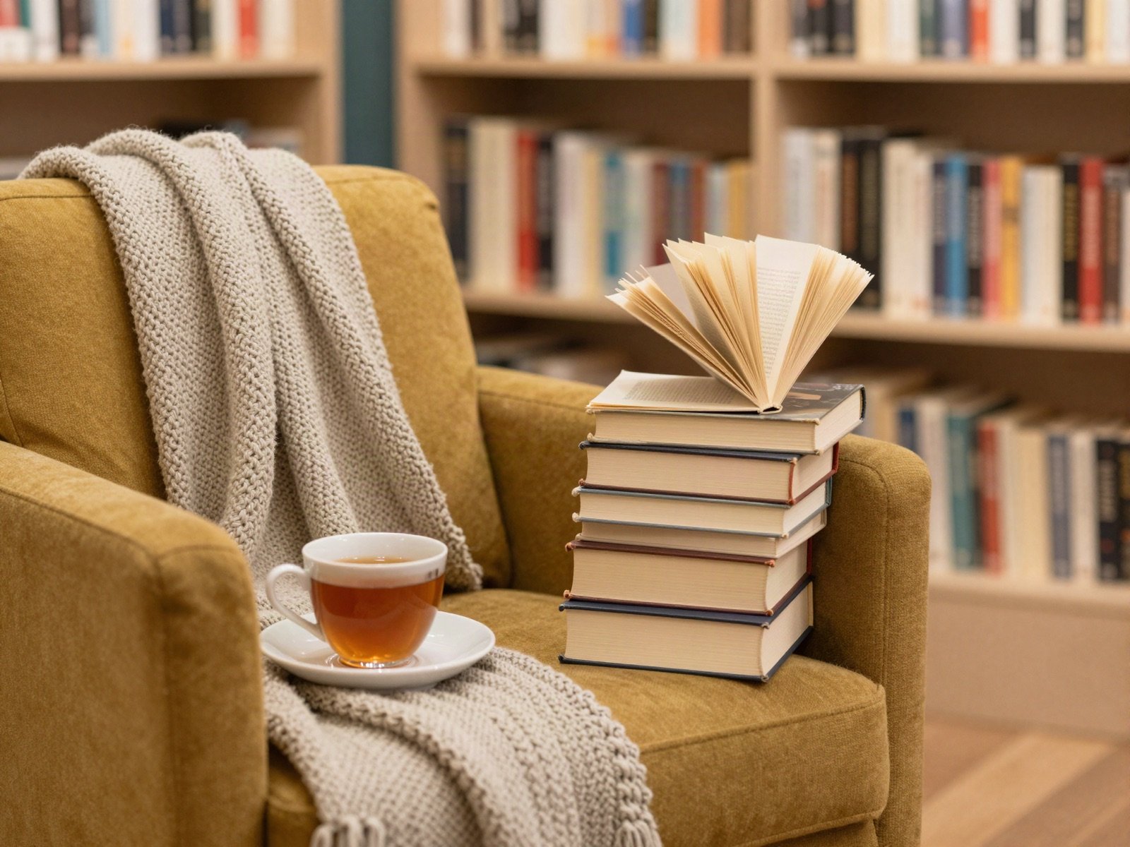 A mustard reading chair with a knitted blanket, a cup of tea and a stack of books in the shop
