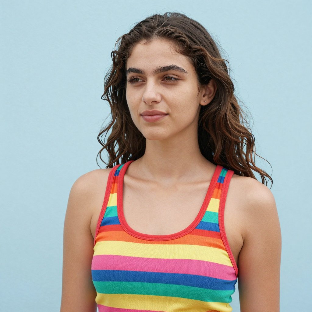 A young woman in a colourful tank top on a sunny day