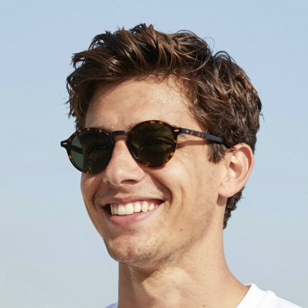 A smiling young man in tortoiseshell sunglasses on a sunny day