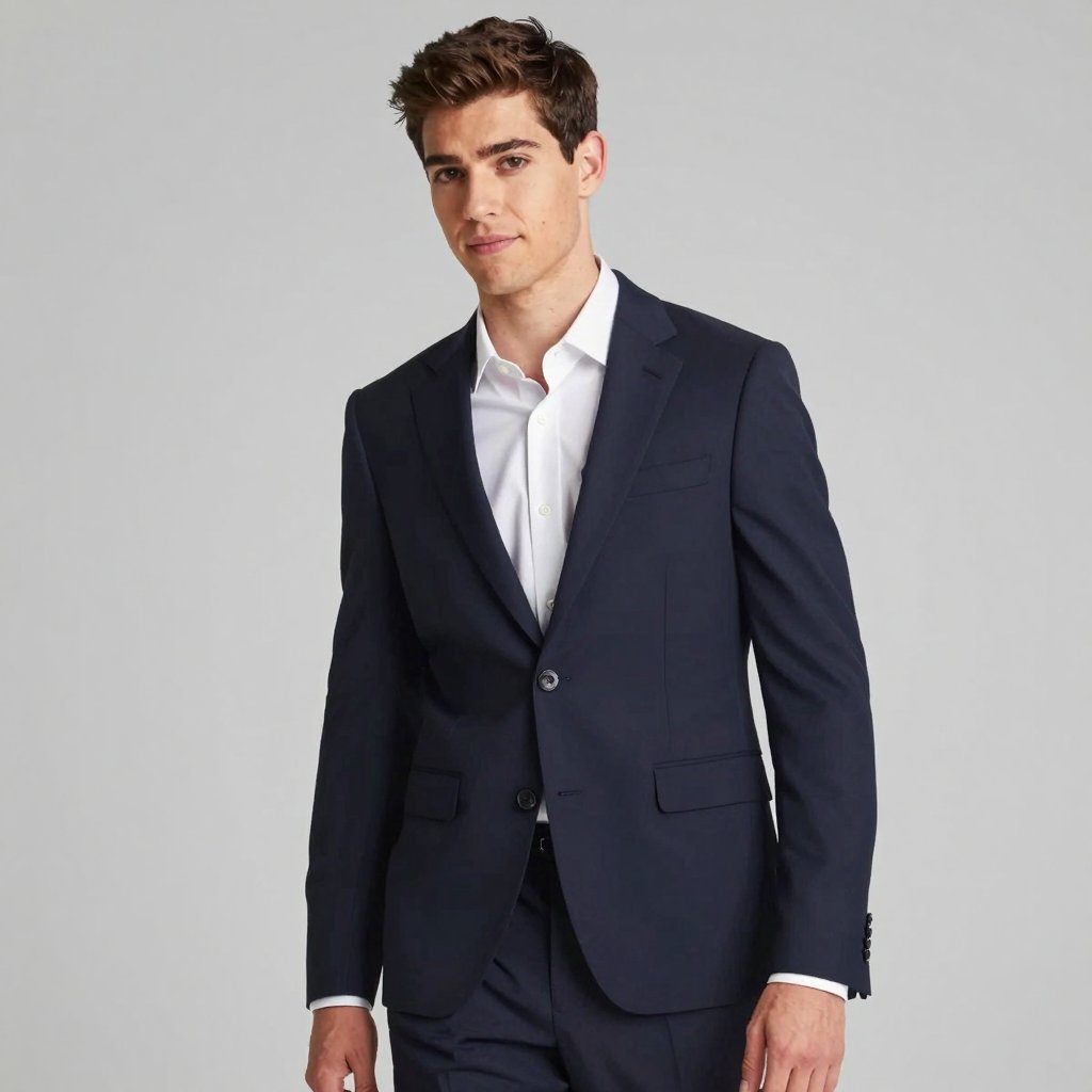 A young man in a navy blue suit