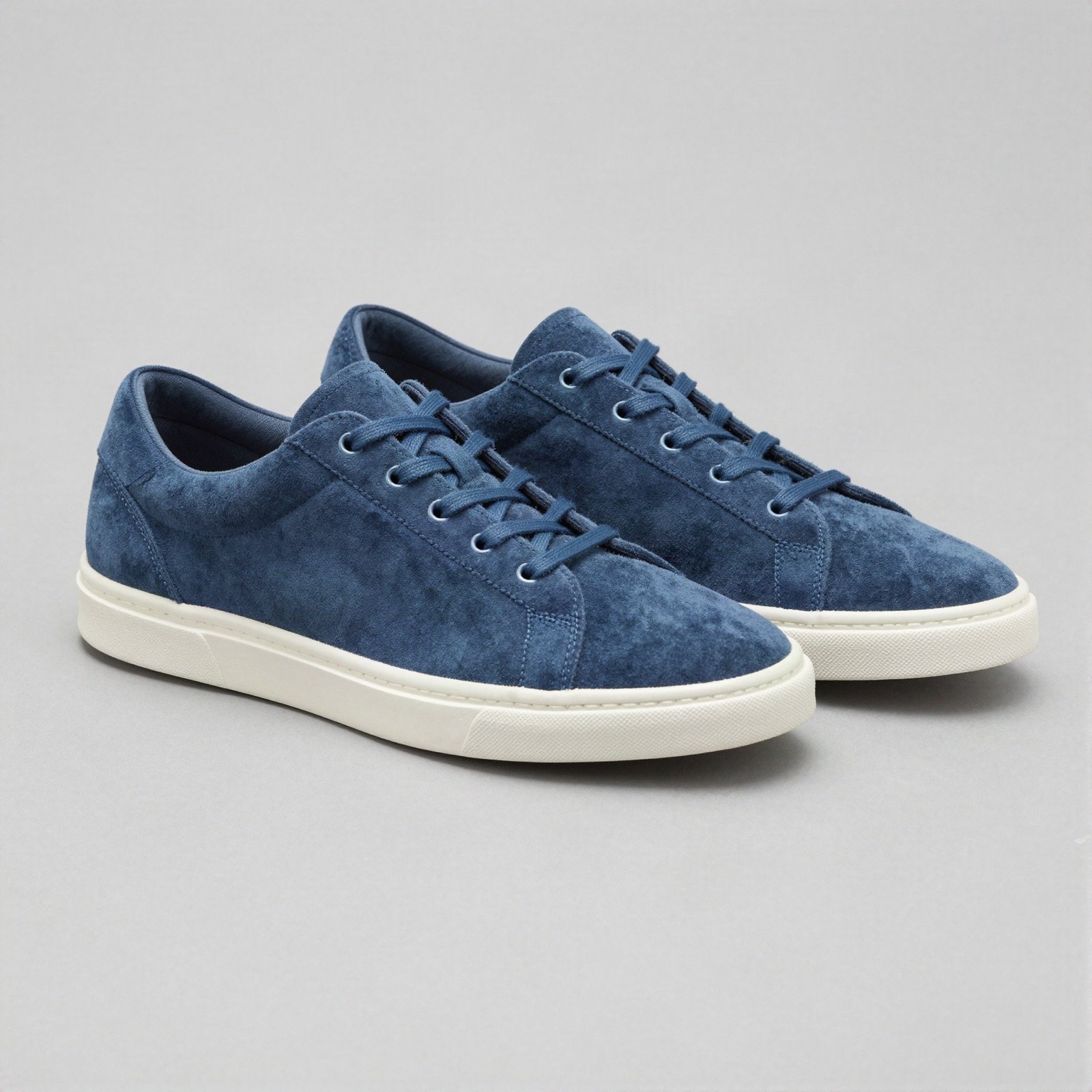 A pair of blue suede sneakers with white soles
