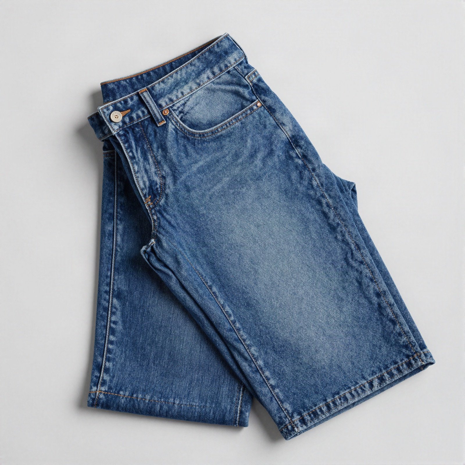 A pair of neatly folded classic blue denim jeans