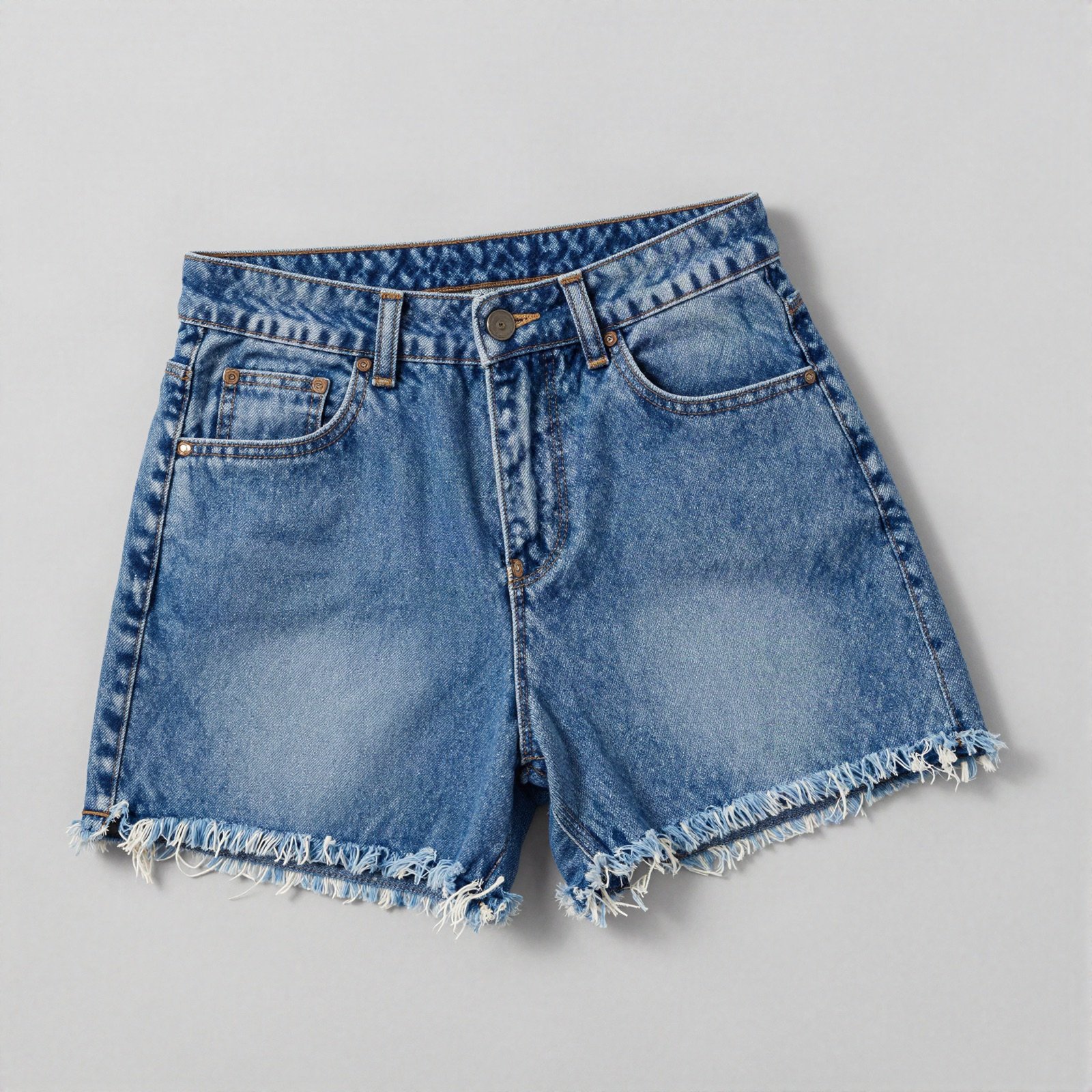 Blue denim shorts with frayed hems