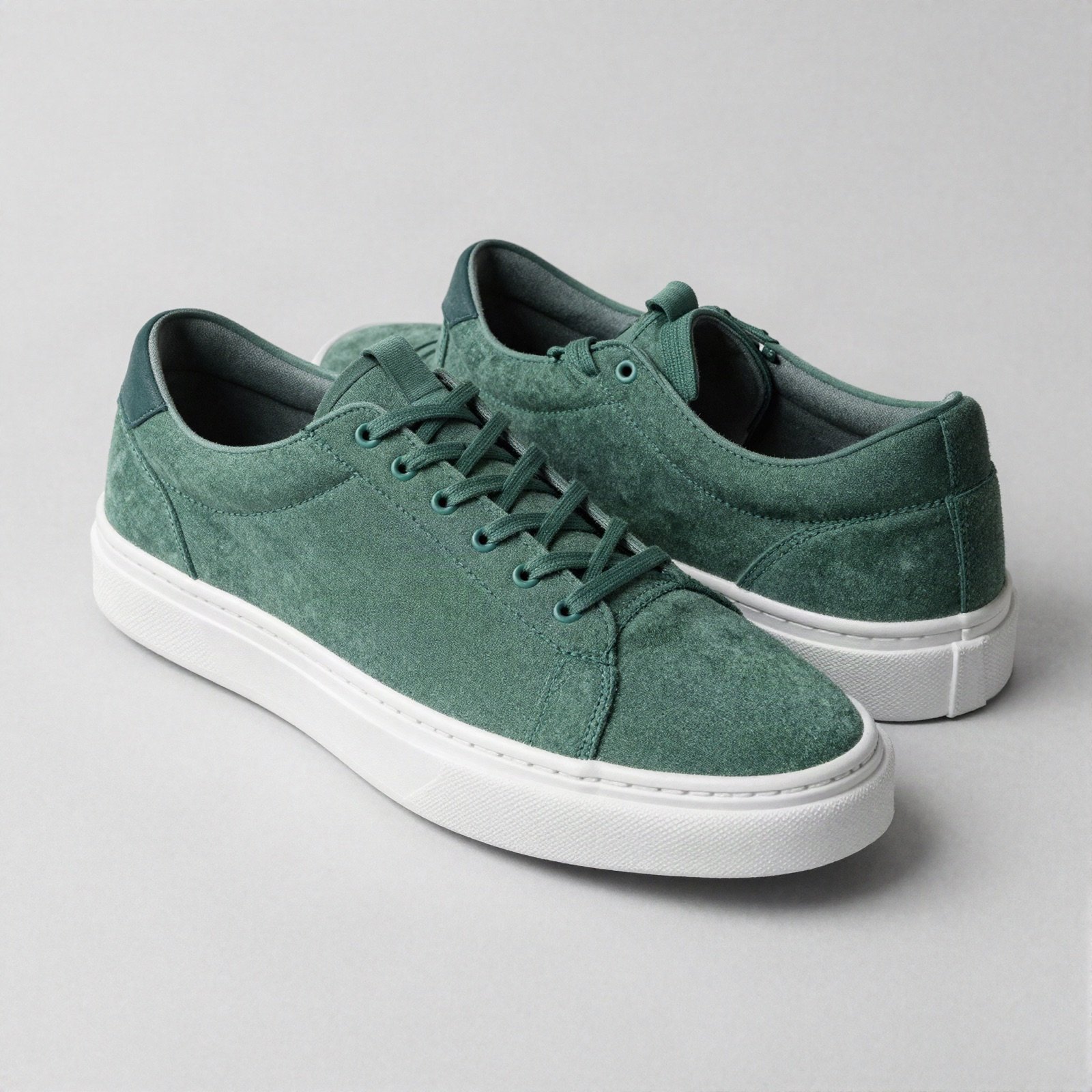 Green suede sneakers with white soles