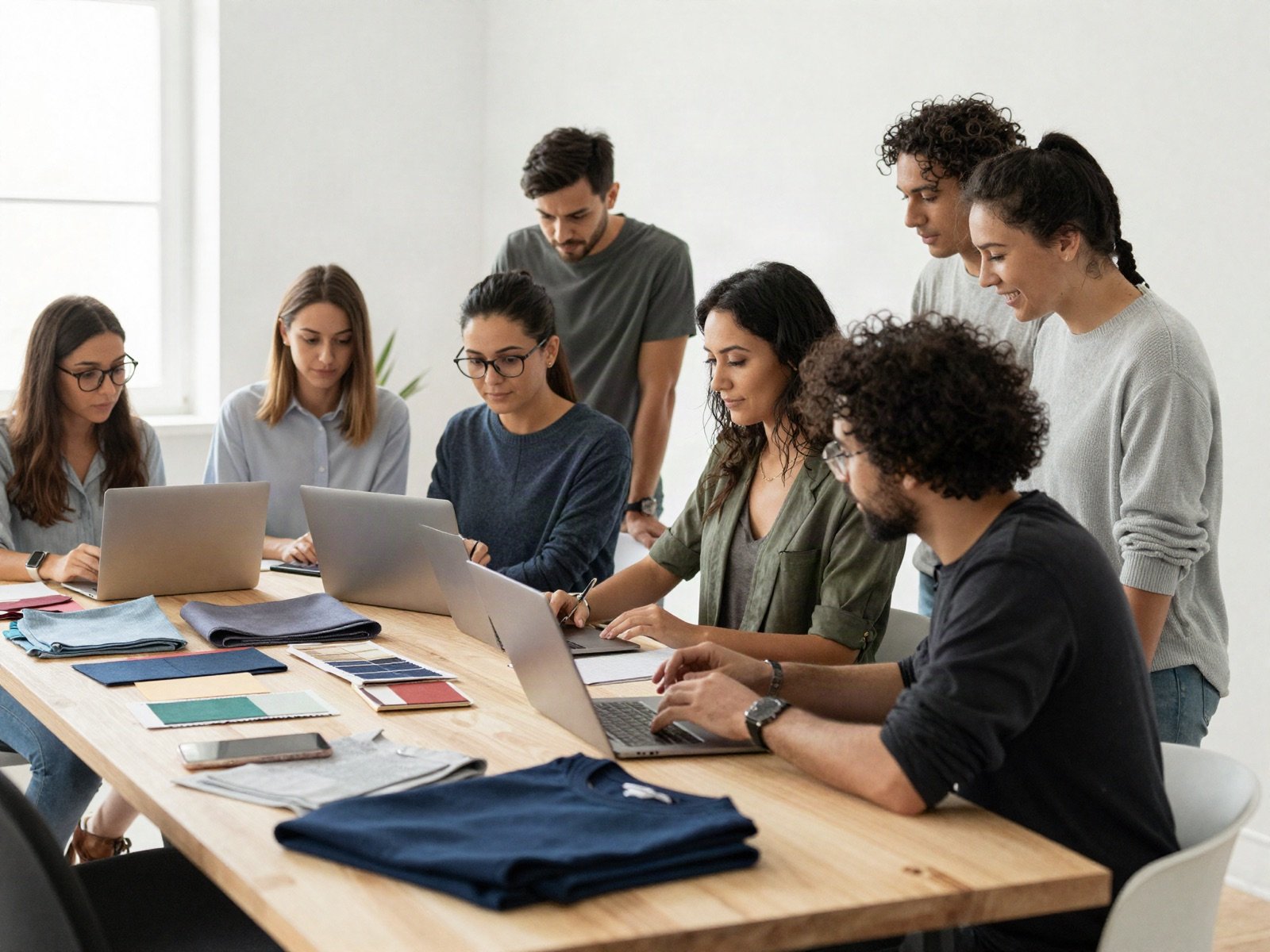 The Khizanat Al Moda team reviewing fabric samples and new styles