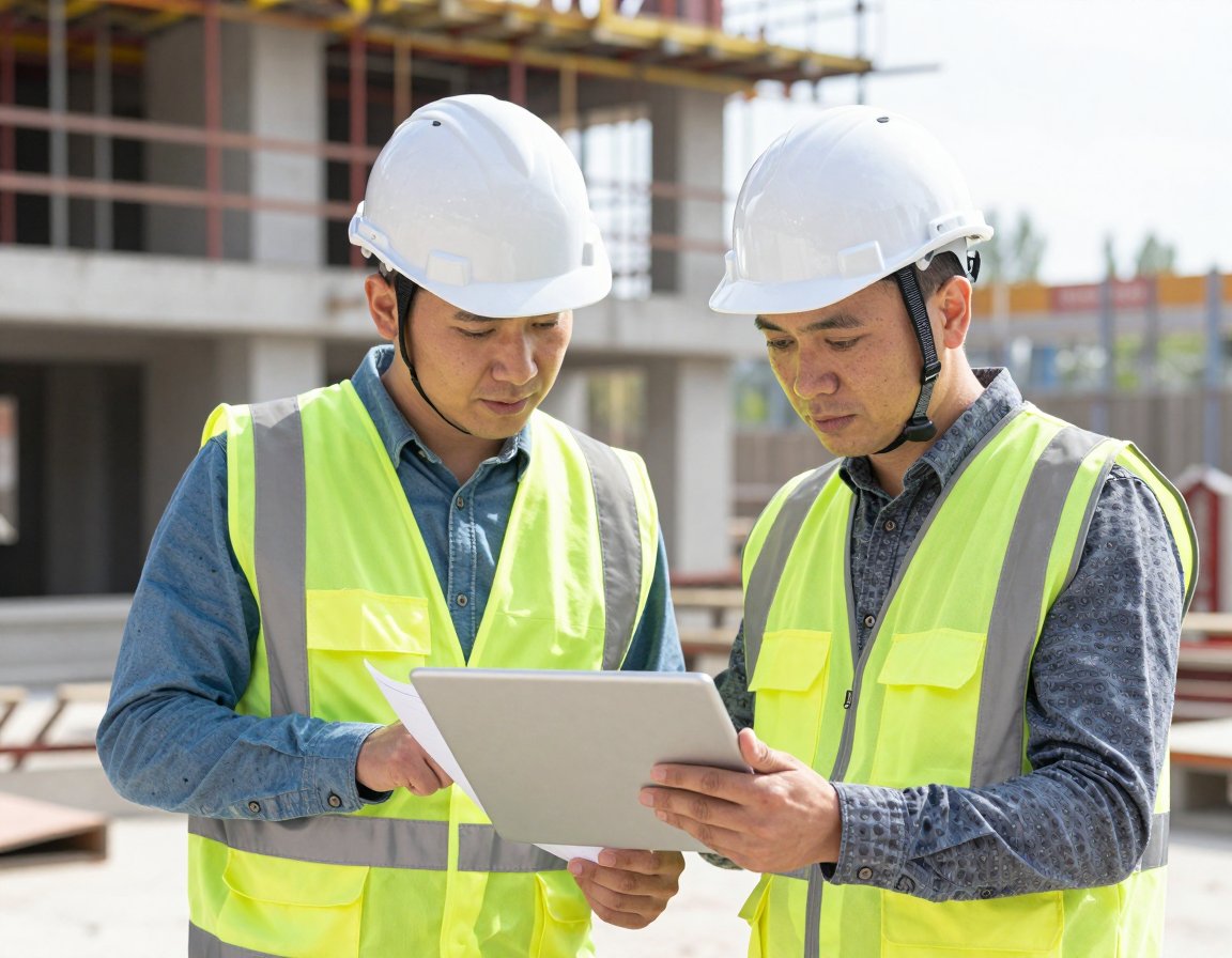 Two construction managers in hard hats reviewing plans on a tablet at a building site