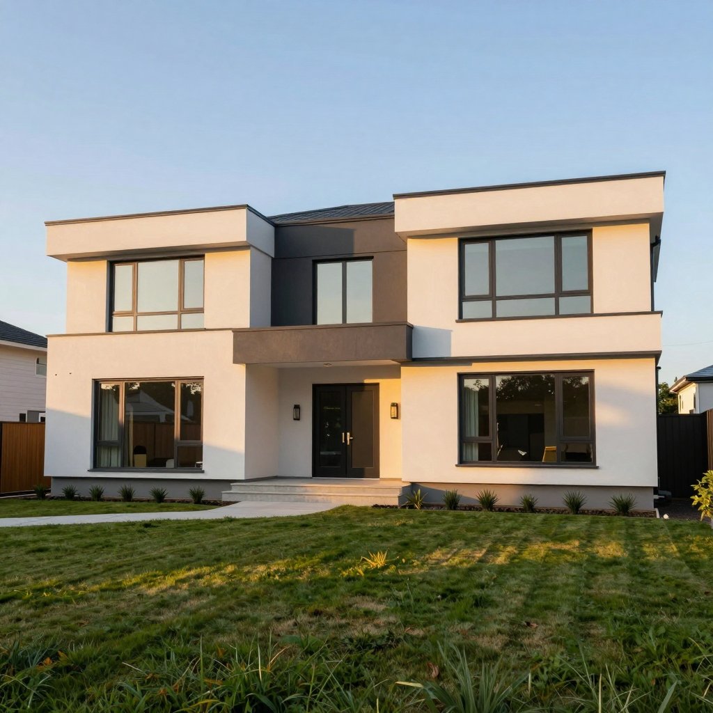 A newly built modern family home with a green lawn