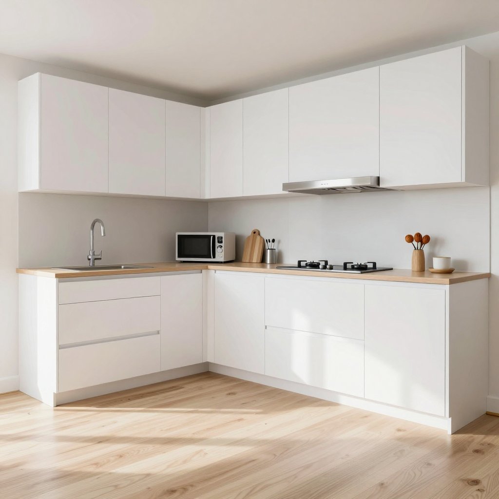 A freshly renovated kitchen with white cabinets and light wood floors