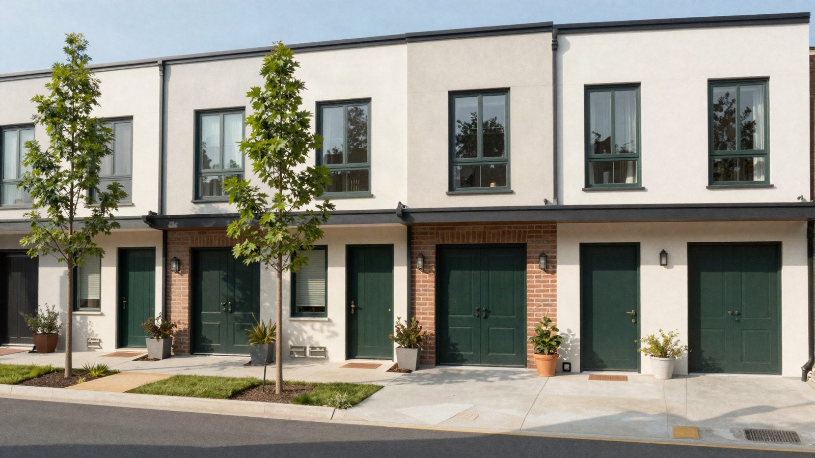 A row of newly completed townhouses with dark green front doors