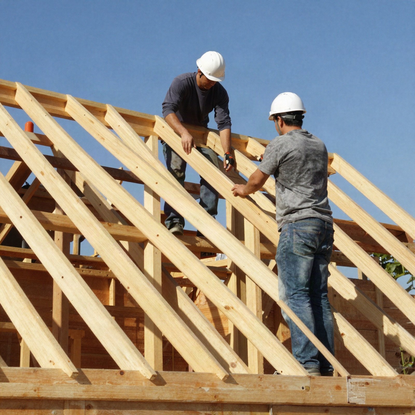 Builders installing roof trusses on a timber-framed house