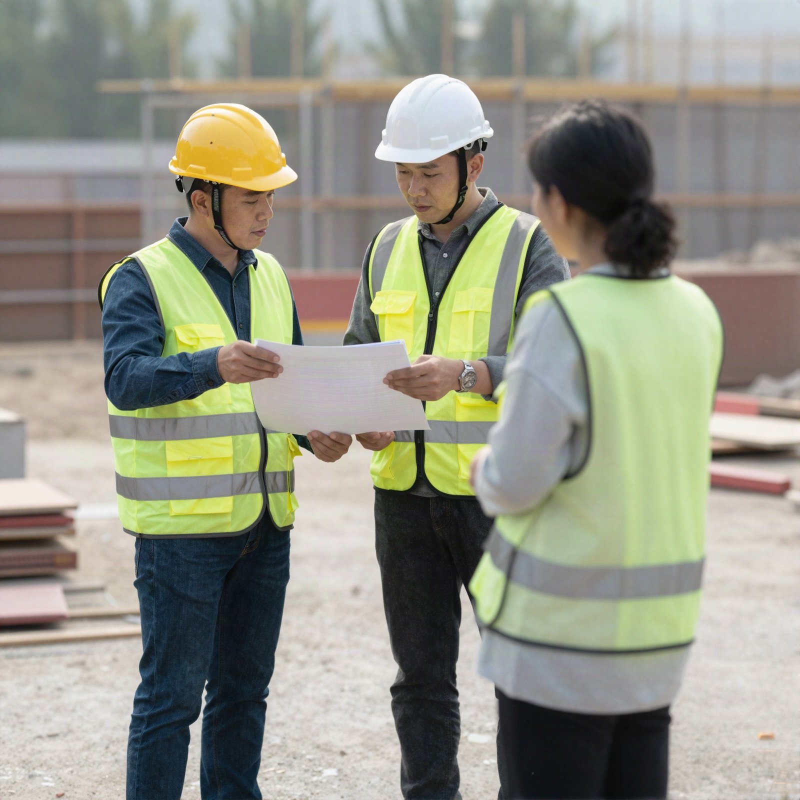 A site manager discussing plans with a homeowner on a building site