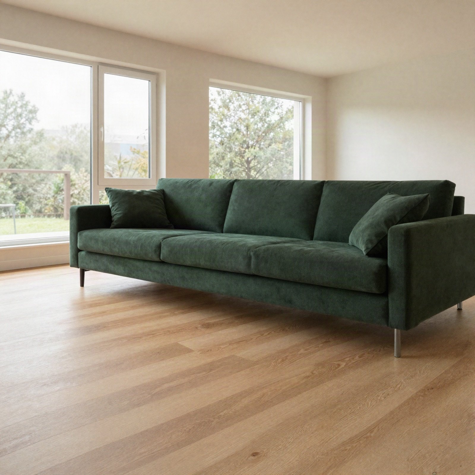 A finished living room with oak floors and a dark green sofa