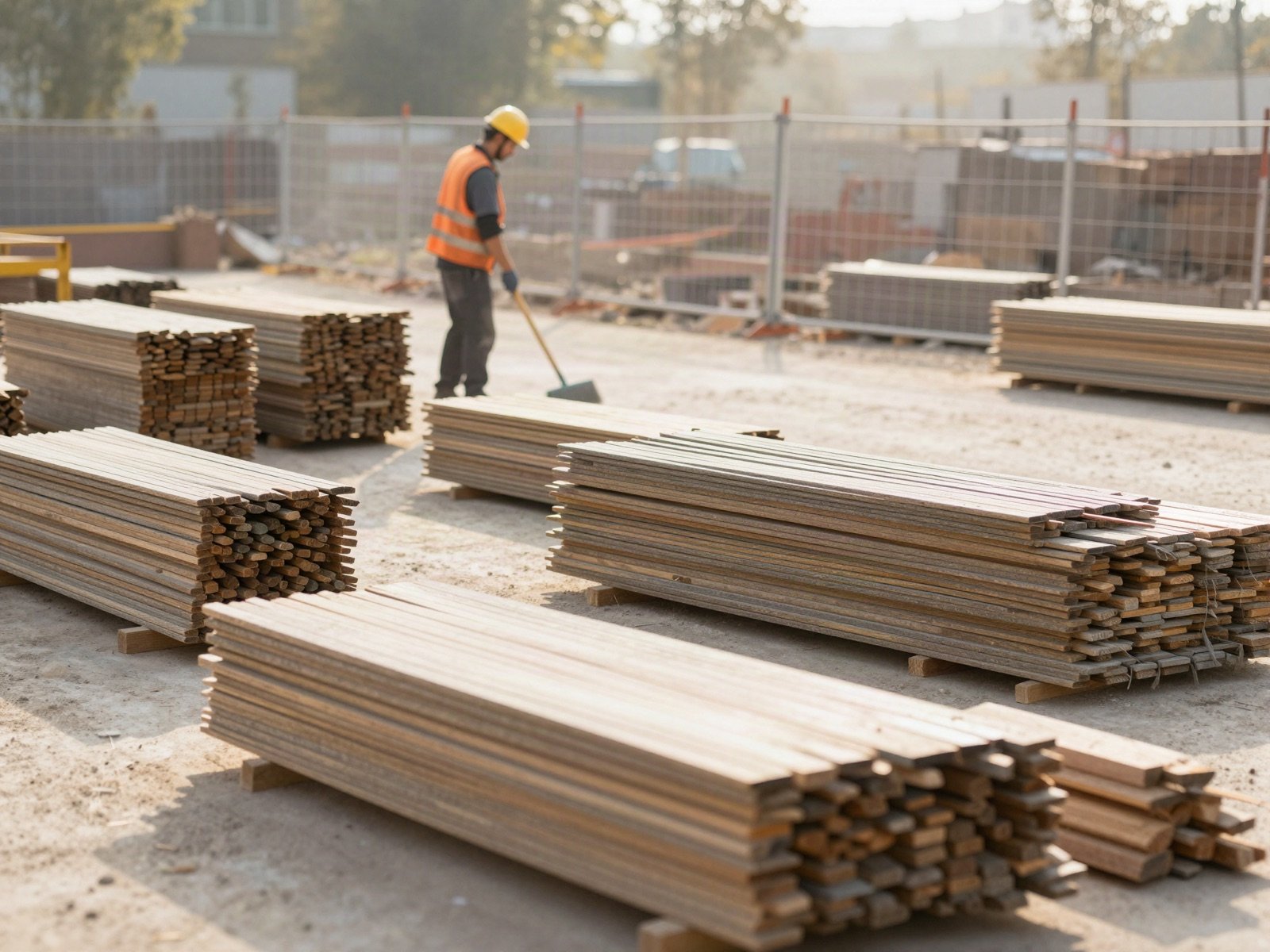 A tidy construction site with stacked timber and a builder sweeping