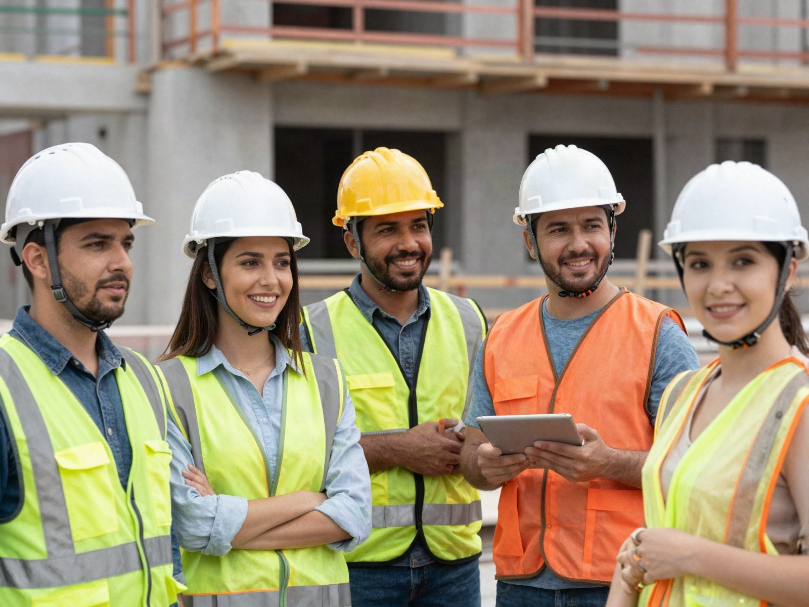 A smiling team of construction workers in hard hats and vests