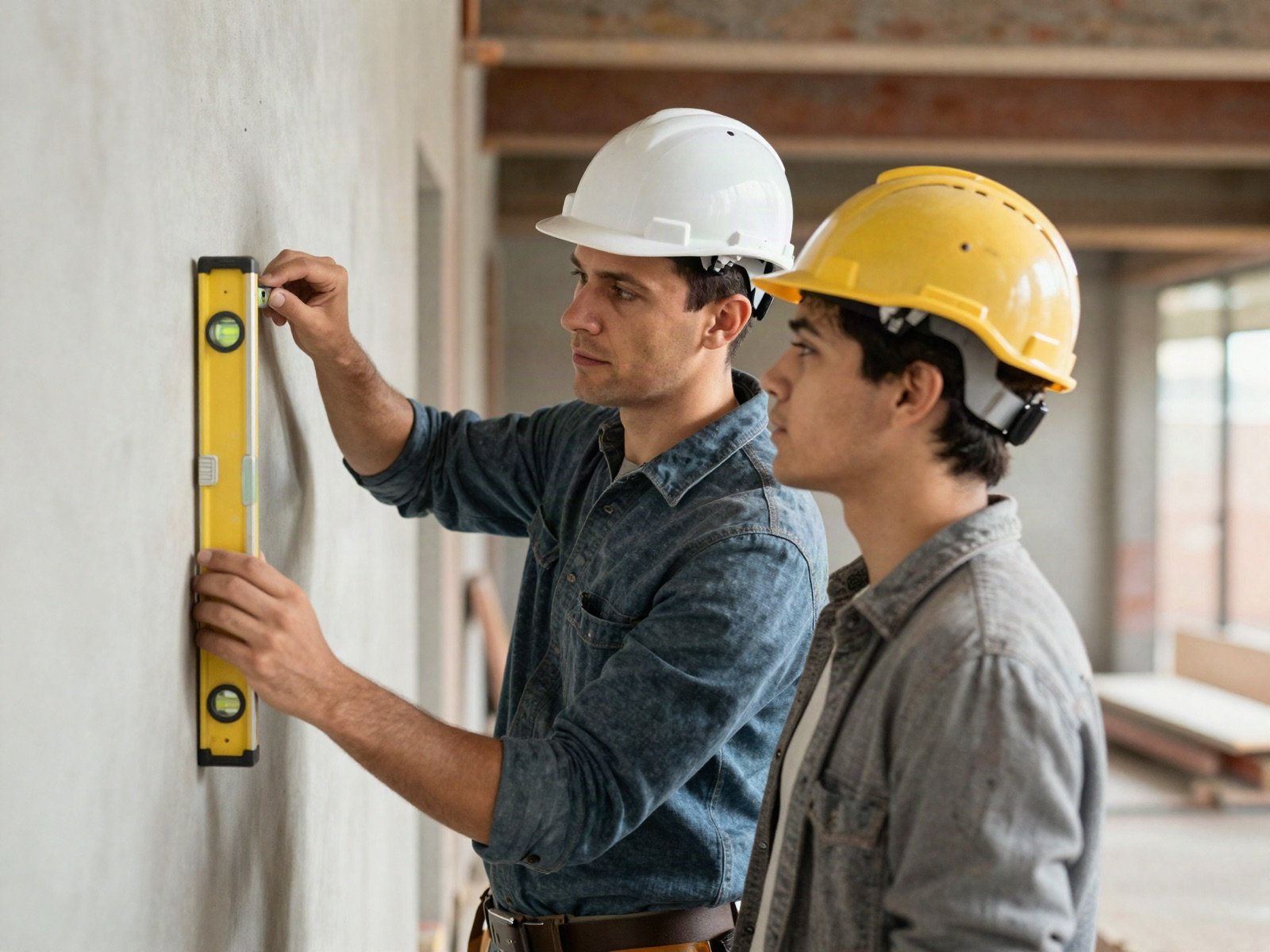 An experienced builder showing an apprentice how to use a spirit level