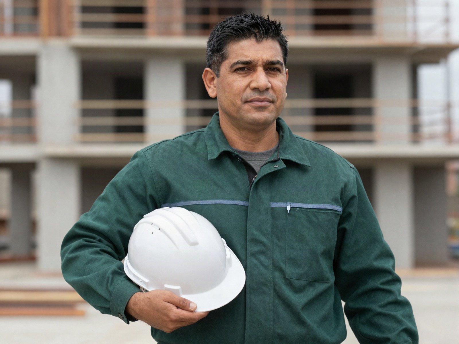 The company founder in a green work shirt holding a white hard hat on site