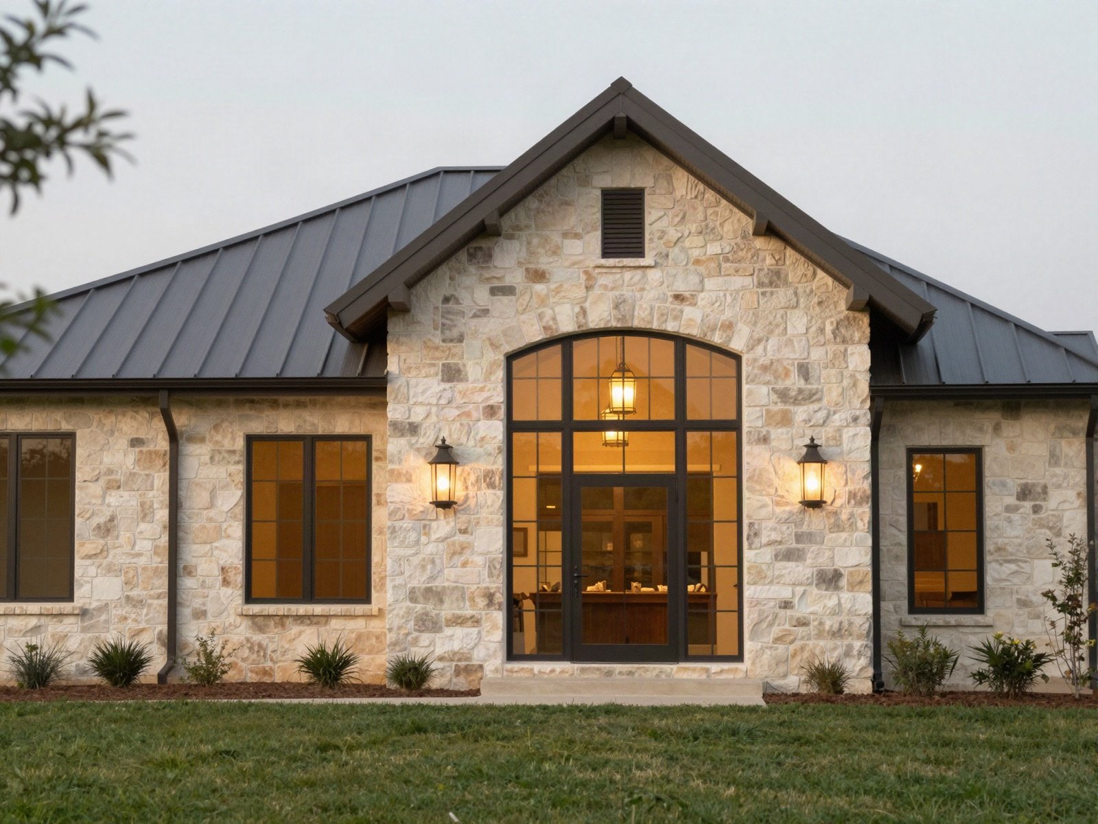 A stone-fronted ranch house with a metal roof and lit windows