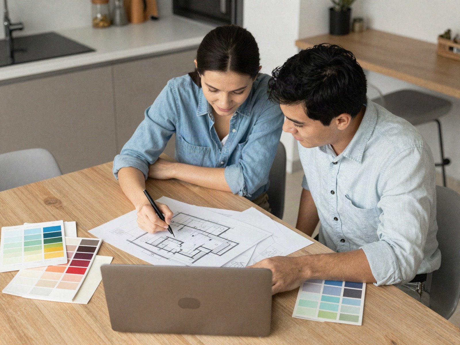 A couple planning their new home with floor plans and colour swatches