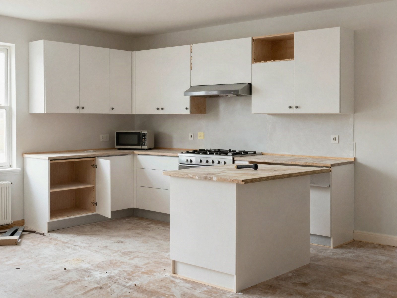 A kitchen in the middle of a remodel with unfinished cabinets