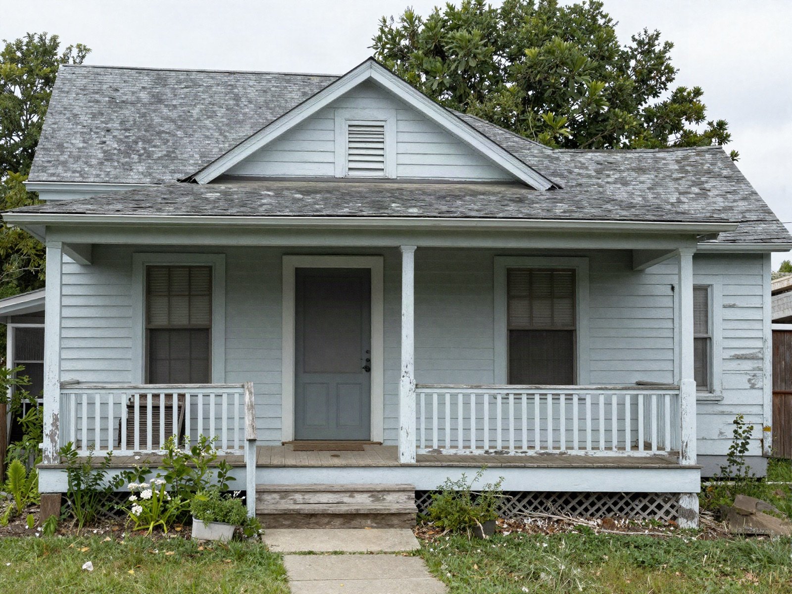 An older house with a worn porch and peeling paint