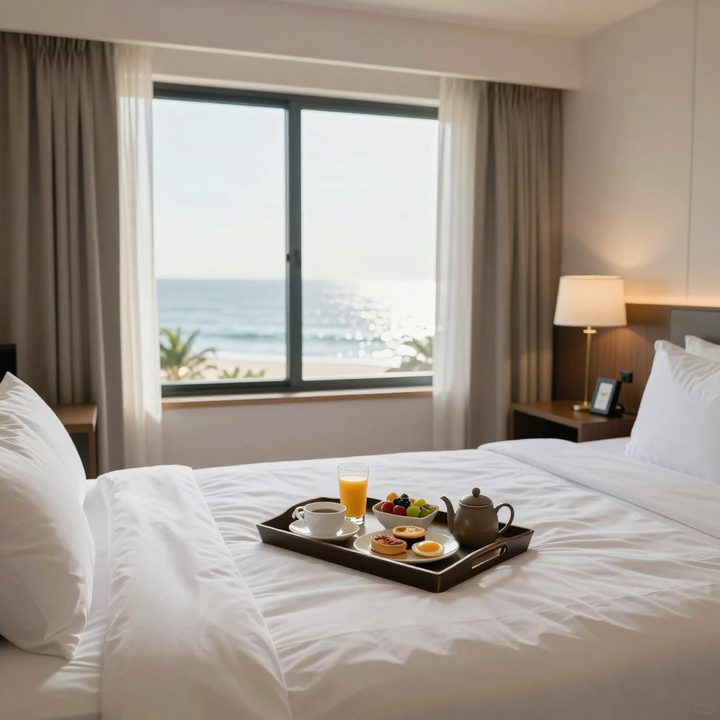 A bright double room with an ocean view and a breakfast tray on the bed