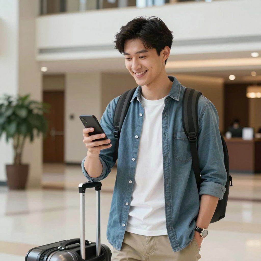 A traveller with a suitcase checking a smartphone in a hotel lobby
