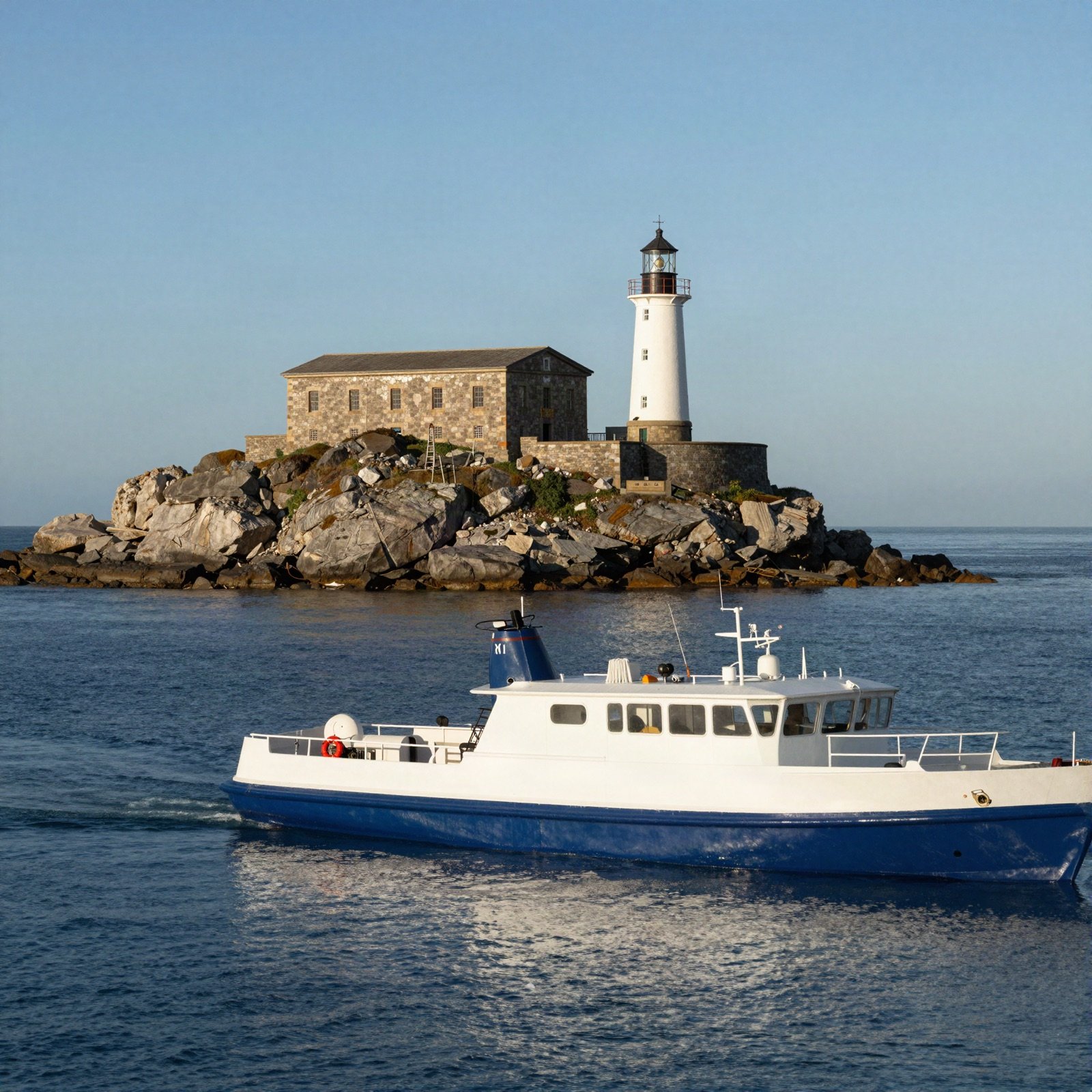 A rocky island with an old stone prison building and a lighthouse, with a ferry crossing the bay