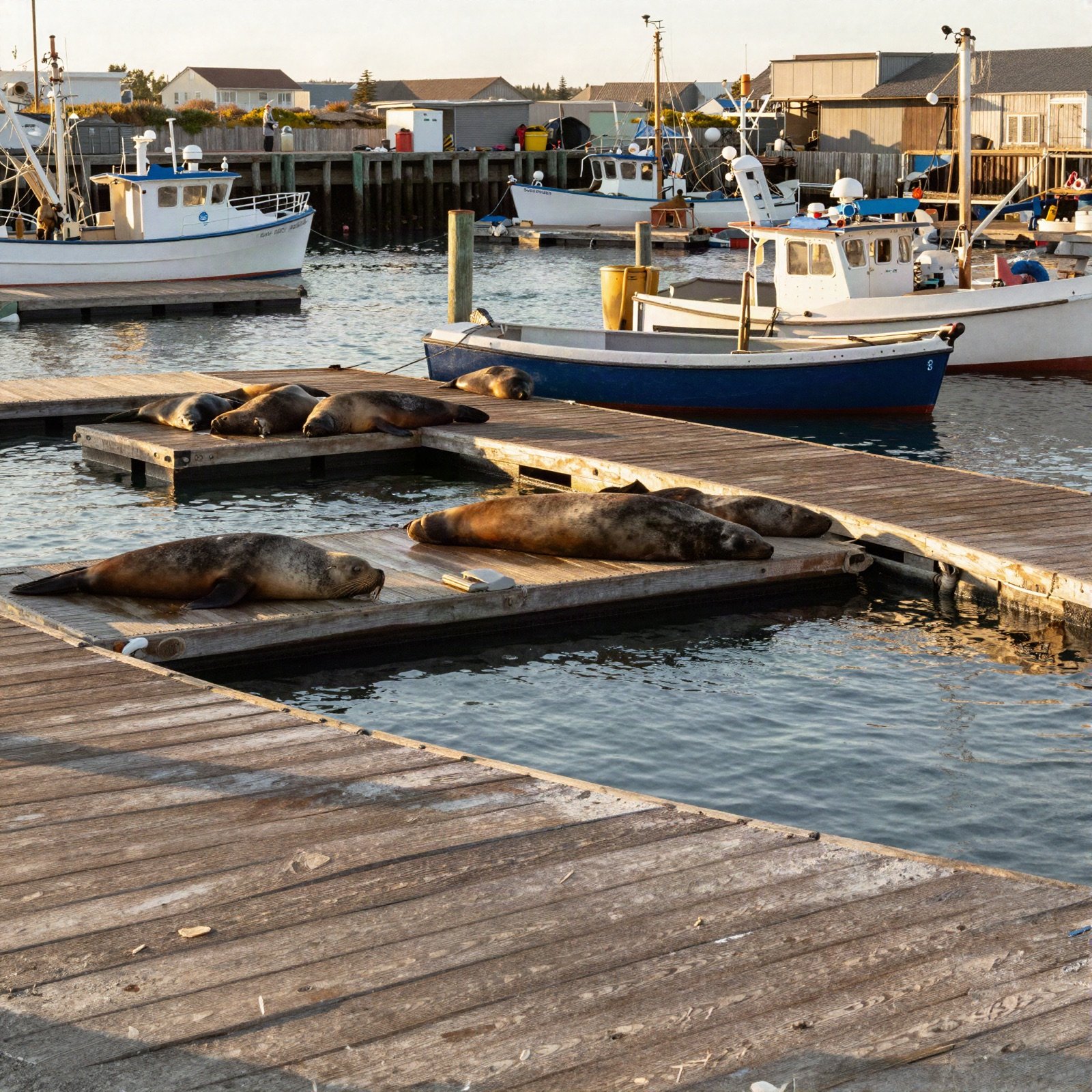 Sea lions resting on wooden docks beside fishing boats at a waterfront wharf